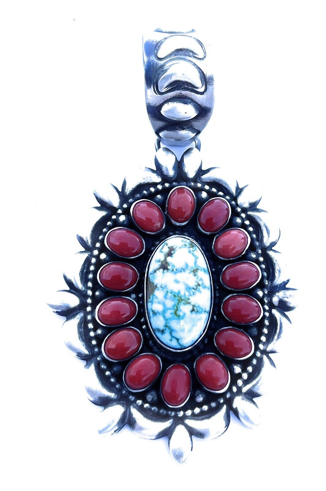 Handcrafted Sterling Kingman Web Turquoise & Red Coral Taos Ornate Pendant D. Clark