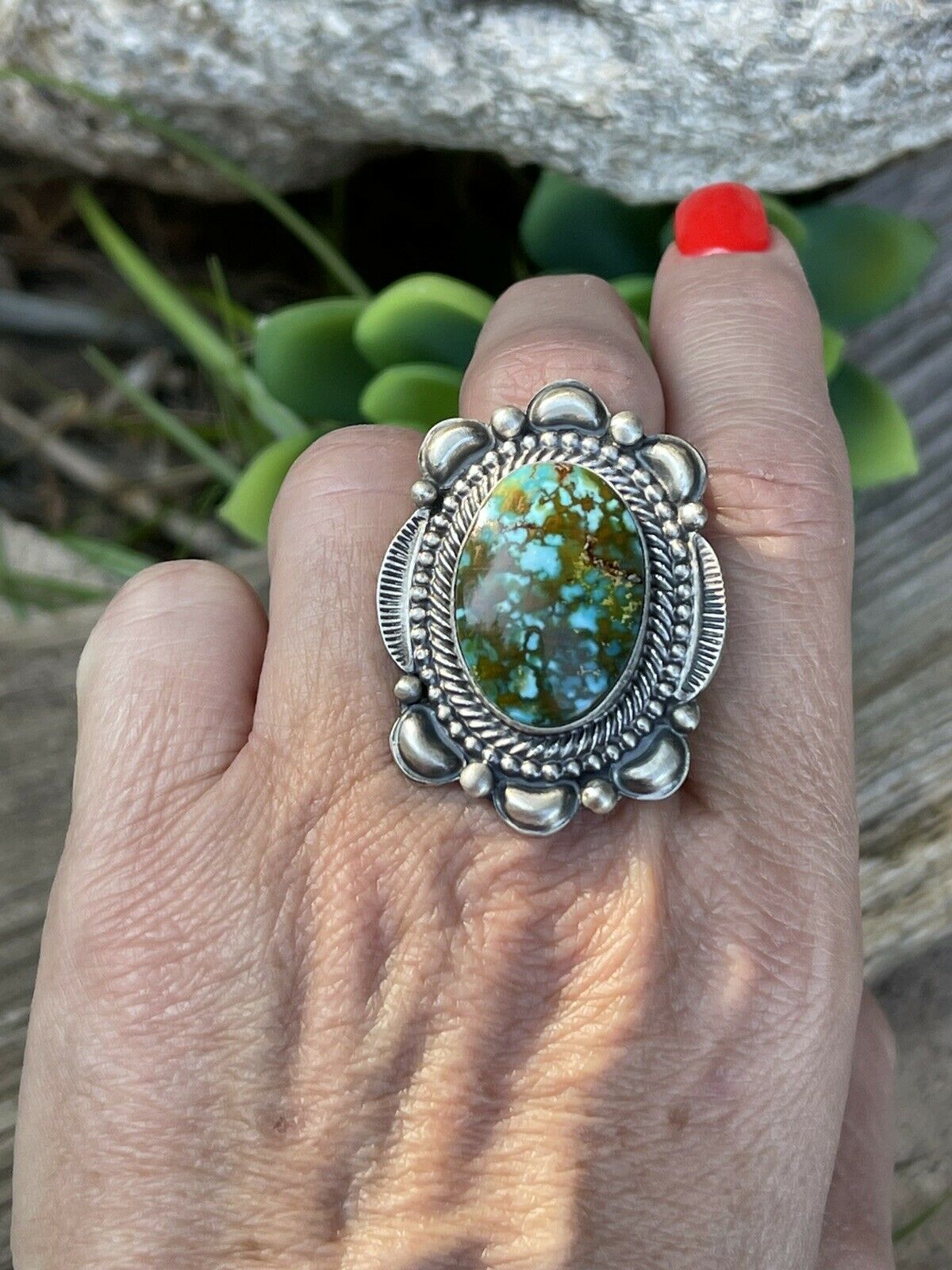Handcrafted Sonoran Mountain Turquoise & Sterling Silver Statement Ring Sizes 7.5