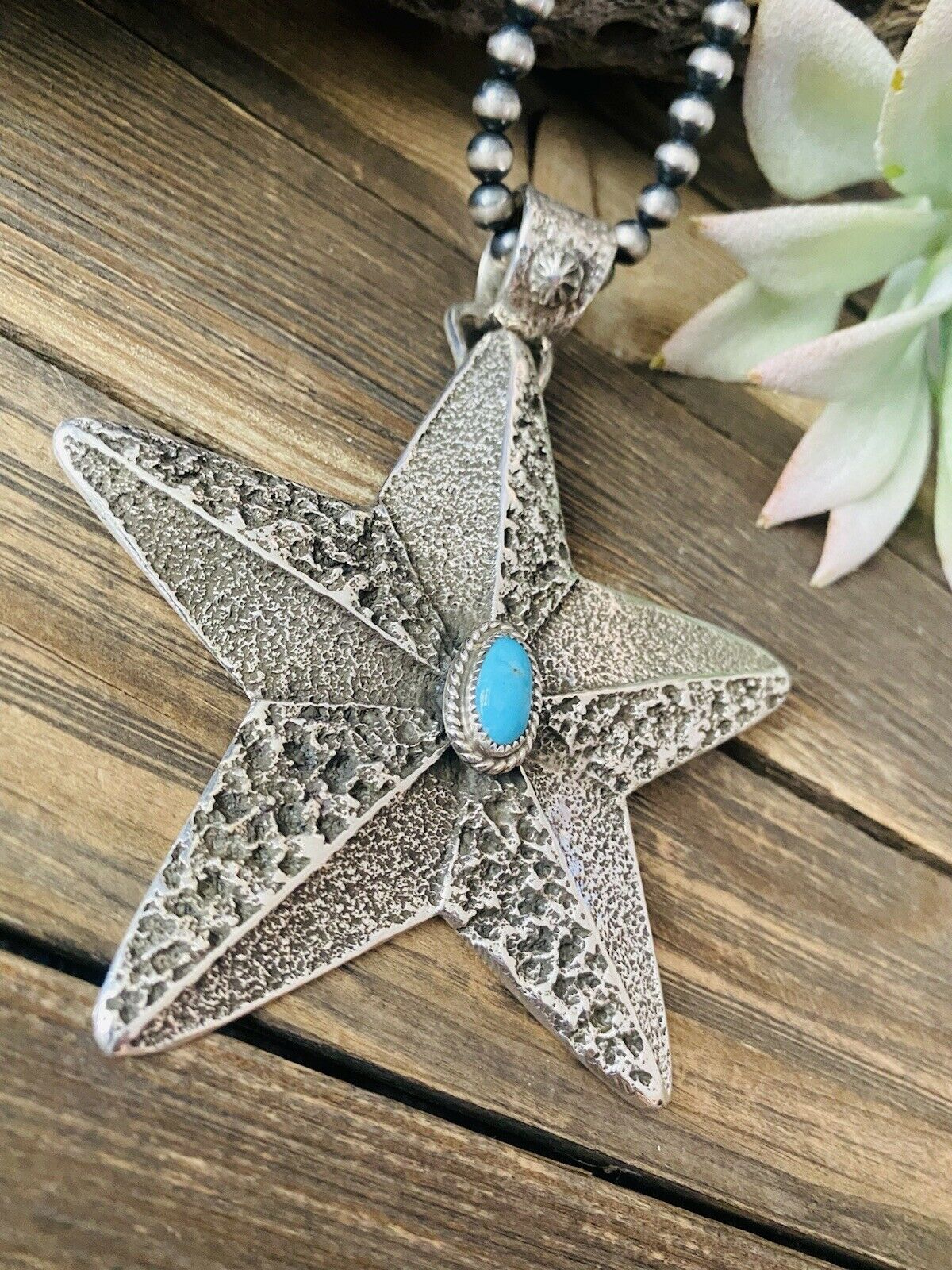 Handcrafted Turquoise & Sterling Silver Tufa Cast Star Pendant