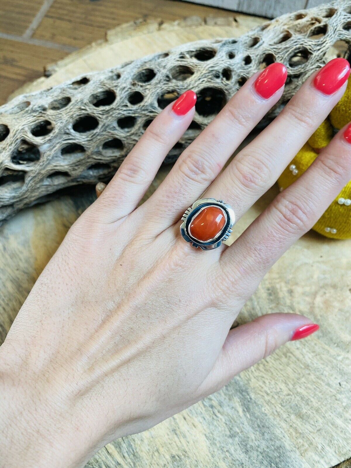 Handcrafted Sterling Silver & Orange Spiny Ring Size 5.75