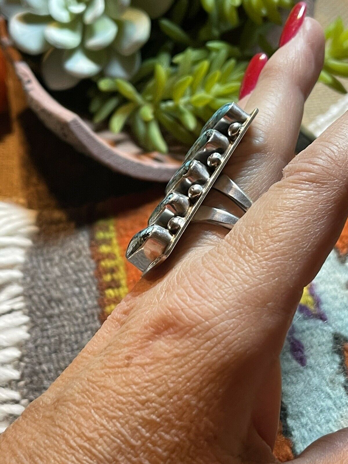 Handcrafted Blue Oval Turquoise & Sterling Silver Ring Sz 7 Signed