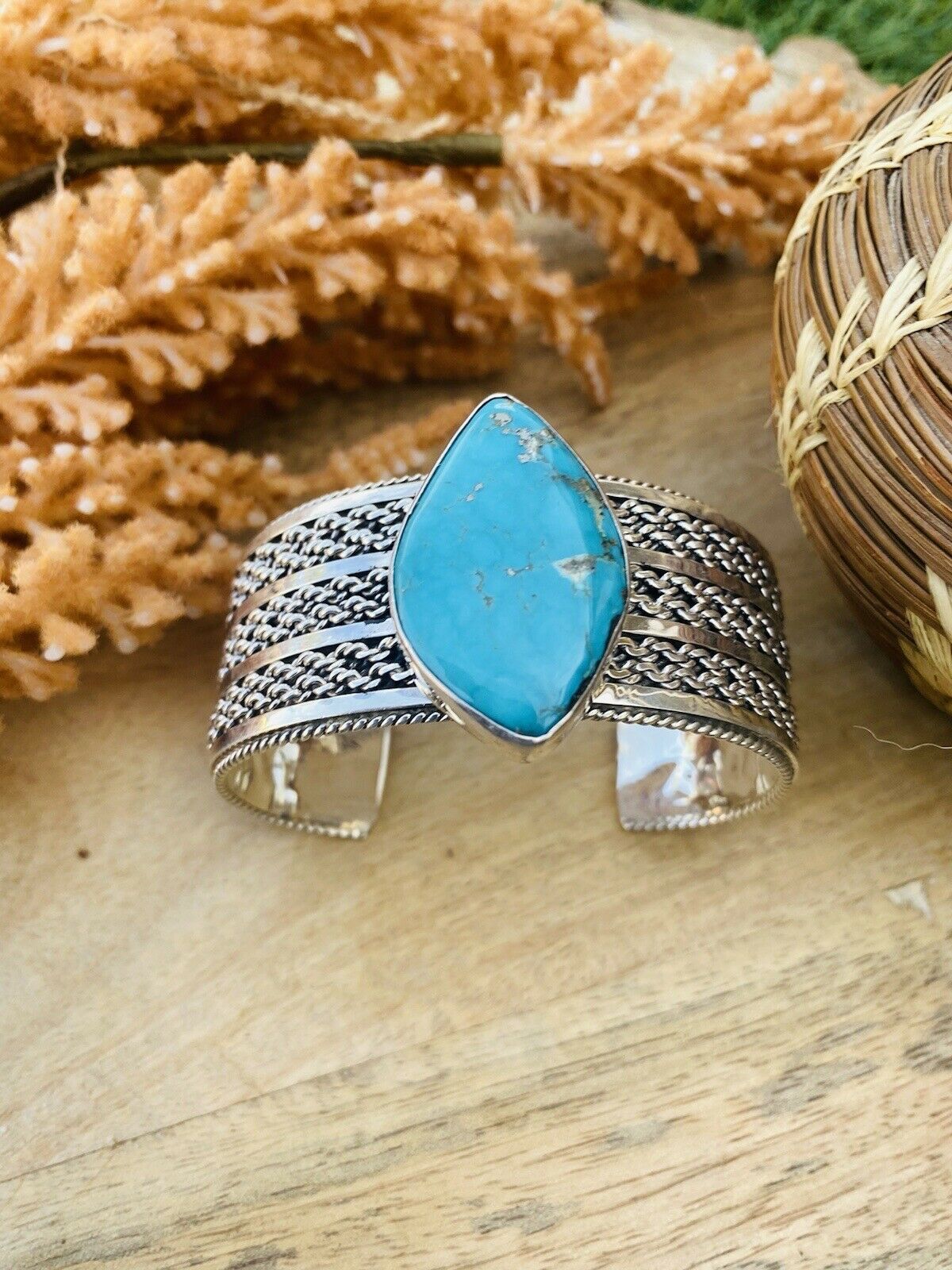 Handcrafted & Hand Stamped Sterling Silver & Royston Turquoise Cuff Bracelet Signed