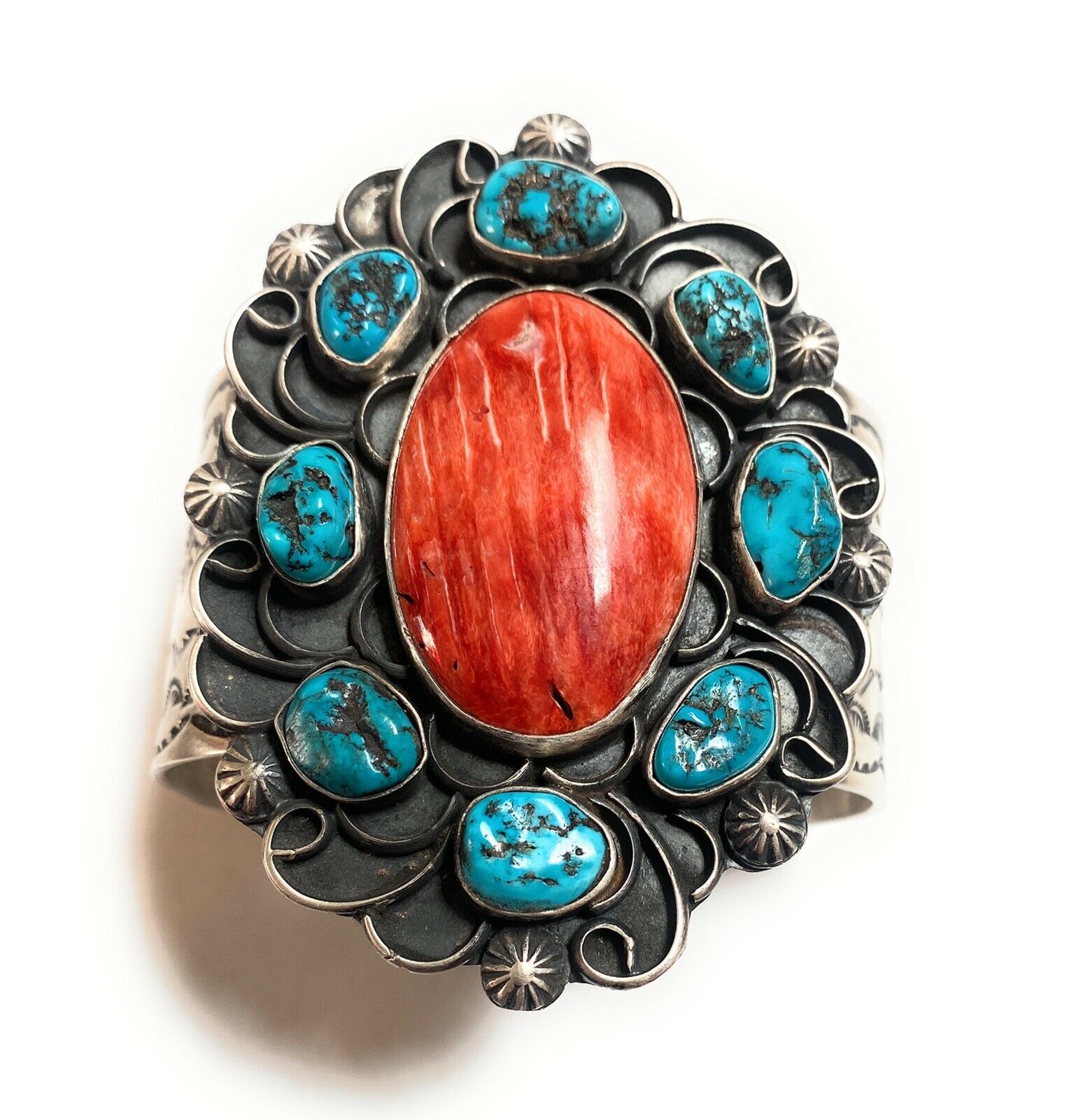 Navajo Turquoise, Orange Spiny & Sterling Silver Cuff Bracelet Signed /