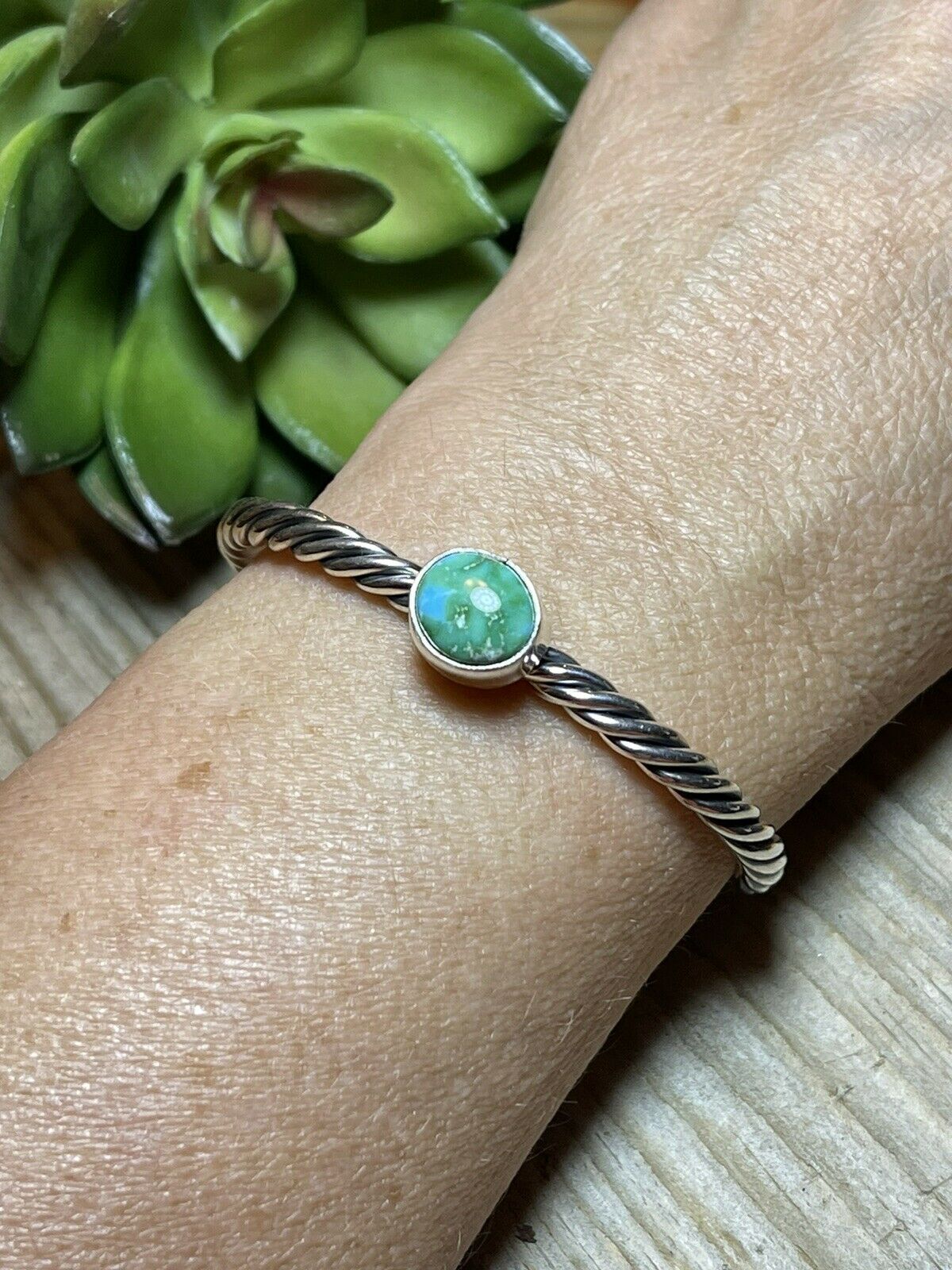 Handcrafted Sterling Silver Rope Twist Natural Turquoise Cuff Bracelet