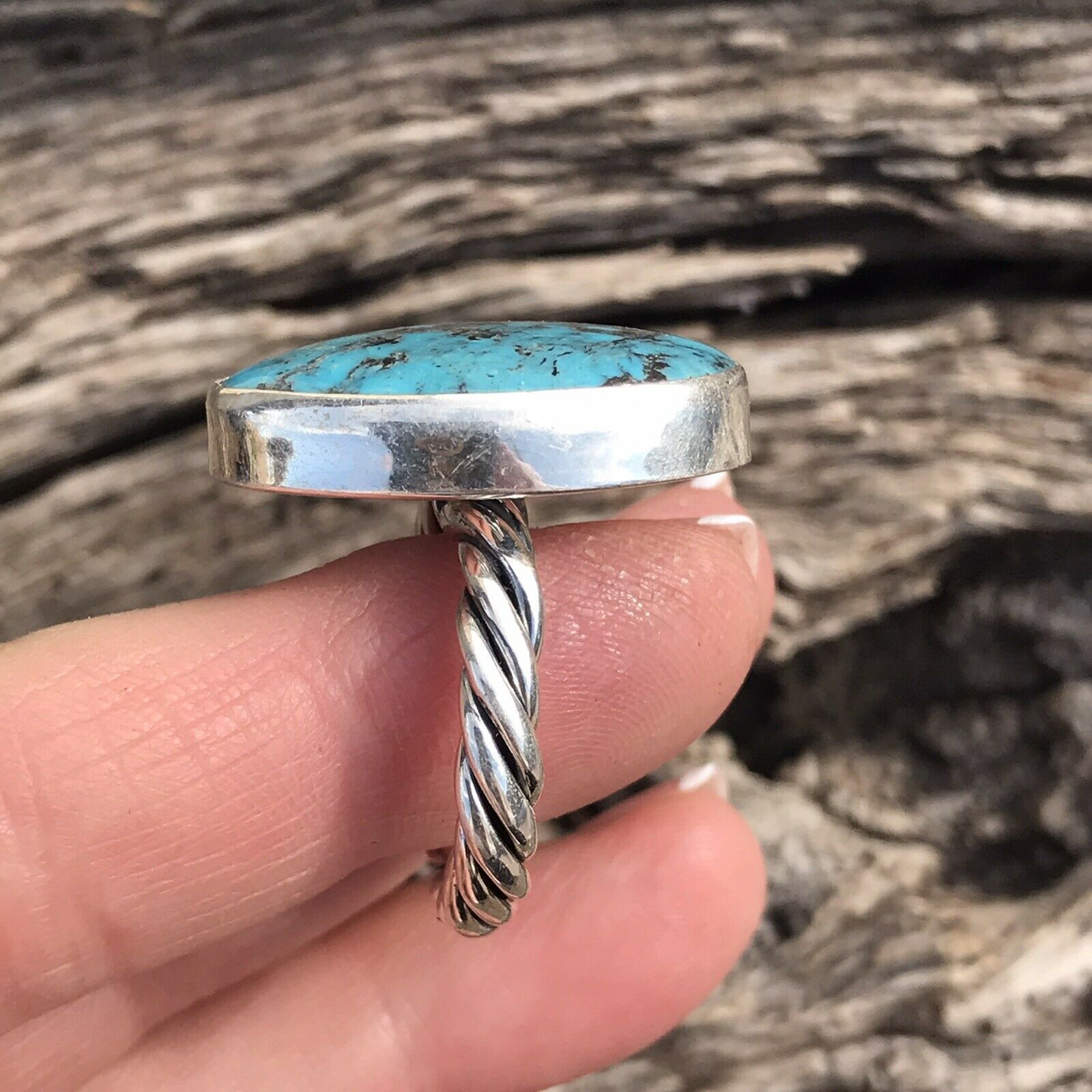 Handcrafted Stunning Rope Style Turquoise & Sterling Silver Ring Size 6