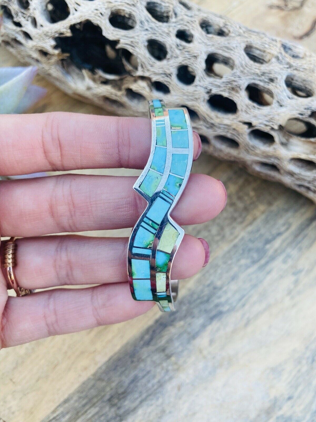 Handcrafted Sonoran Mountain Turquoise & Sterling Silver Inlay Cuff Bracelet /