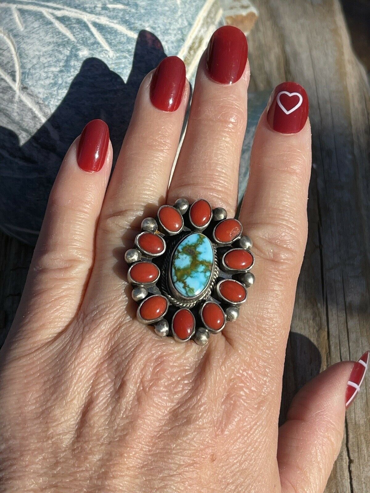 Handcrafted Sterling Silver Kingman Web Turquoise & Red Coral Taos Ring Sz 7