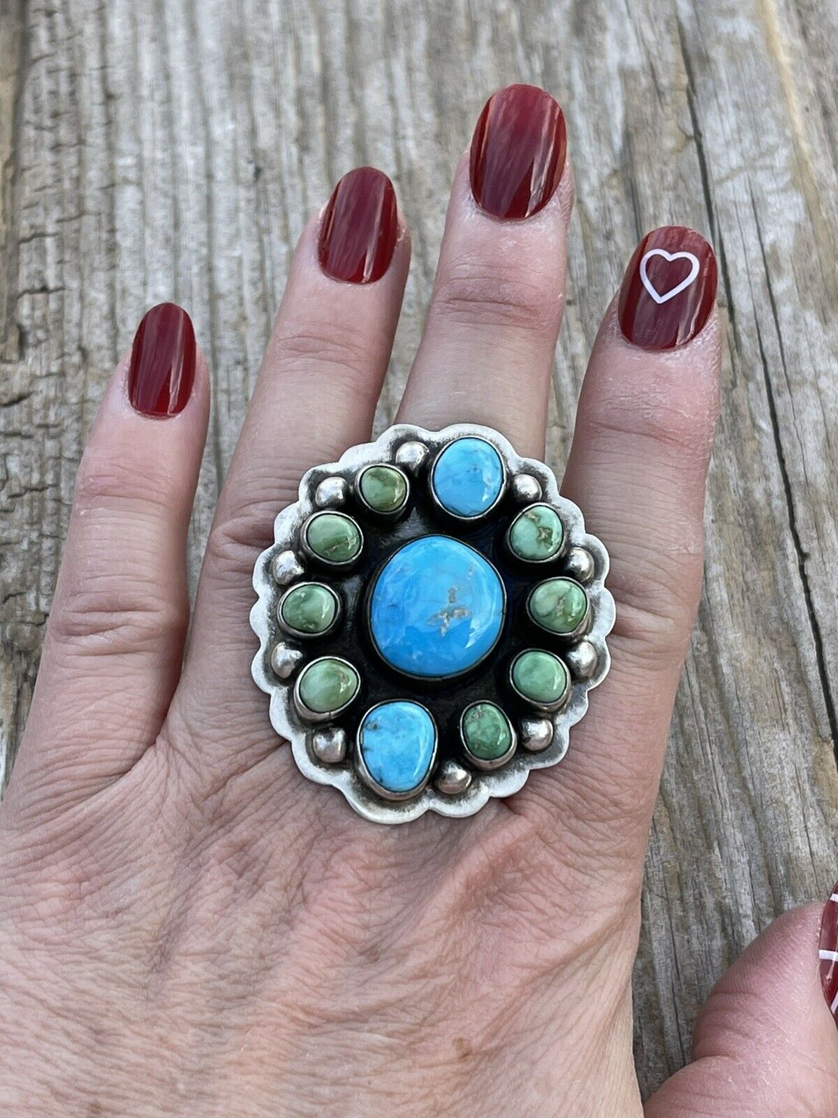 Handcrafted Sterling Sonoran Gold And Golden Hills Turquoise Cluster Ring Size 8.5