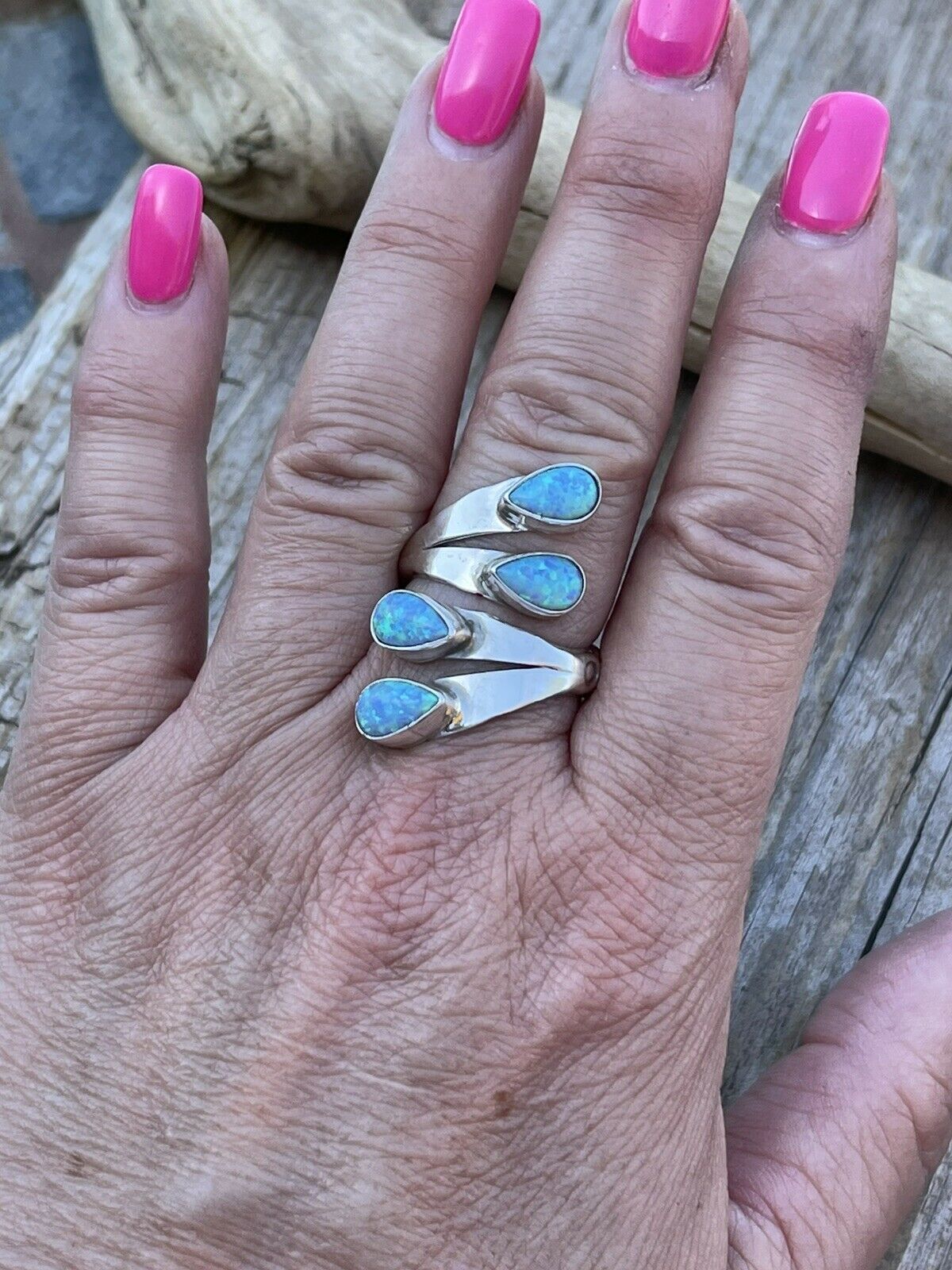 Handcrafted Sterling Silver Bright Blue Opal Adjustable 4 Stone Ring