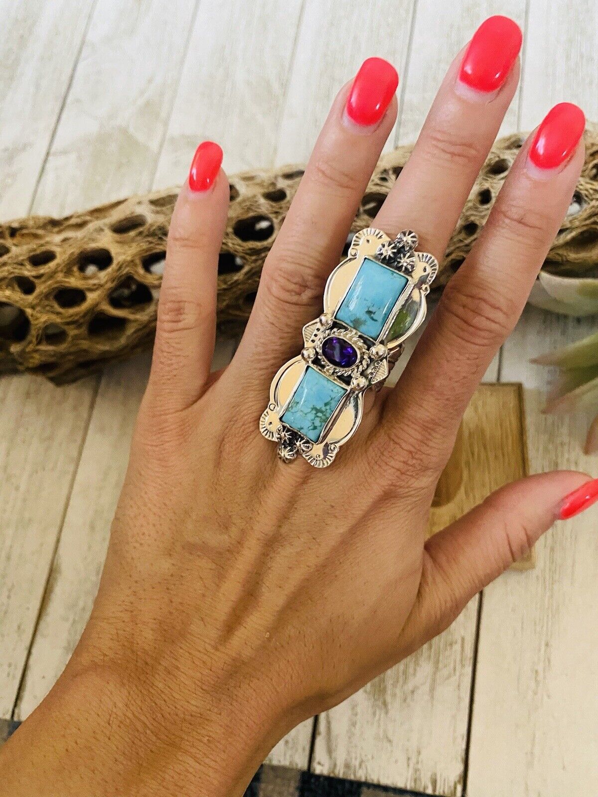 Handcrafted Kingman Turquoise, Amethyst & Sterling Silver Ring