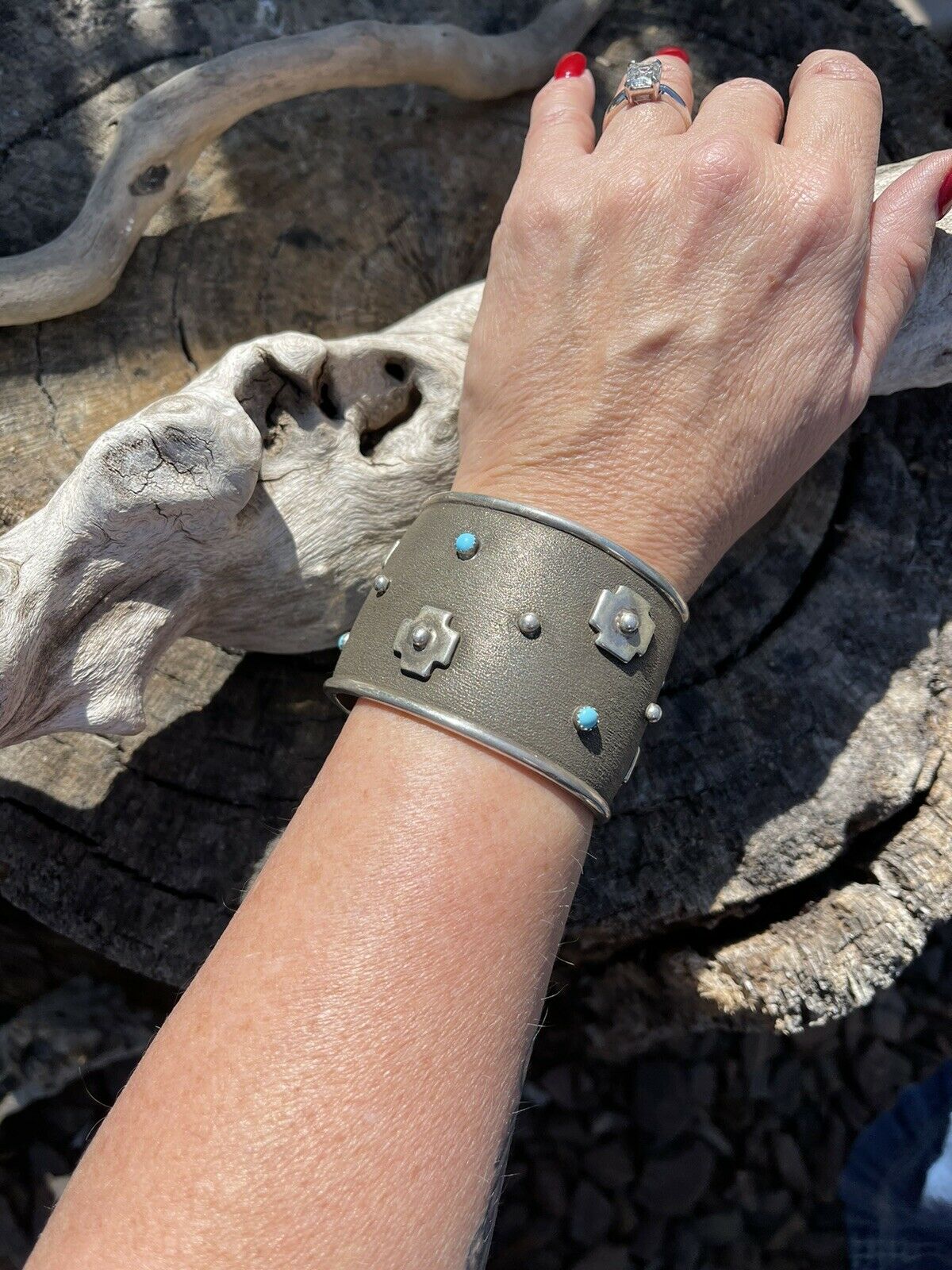 Handcrafted Sterling Silver Cross Bracelet Cuff With Turquoise Accent Stones Signed /