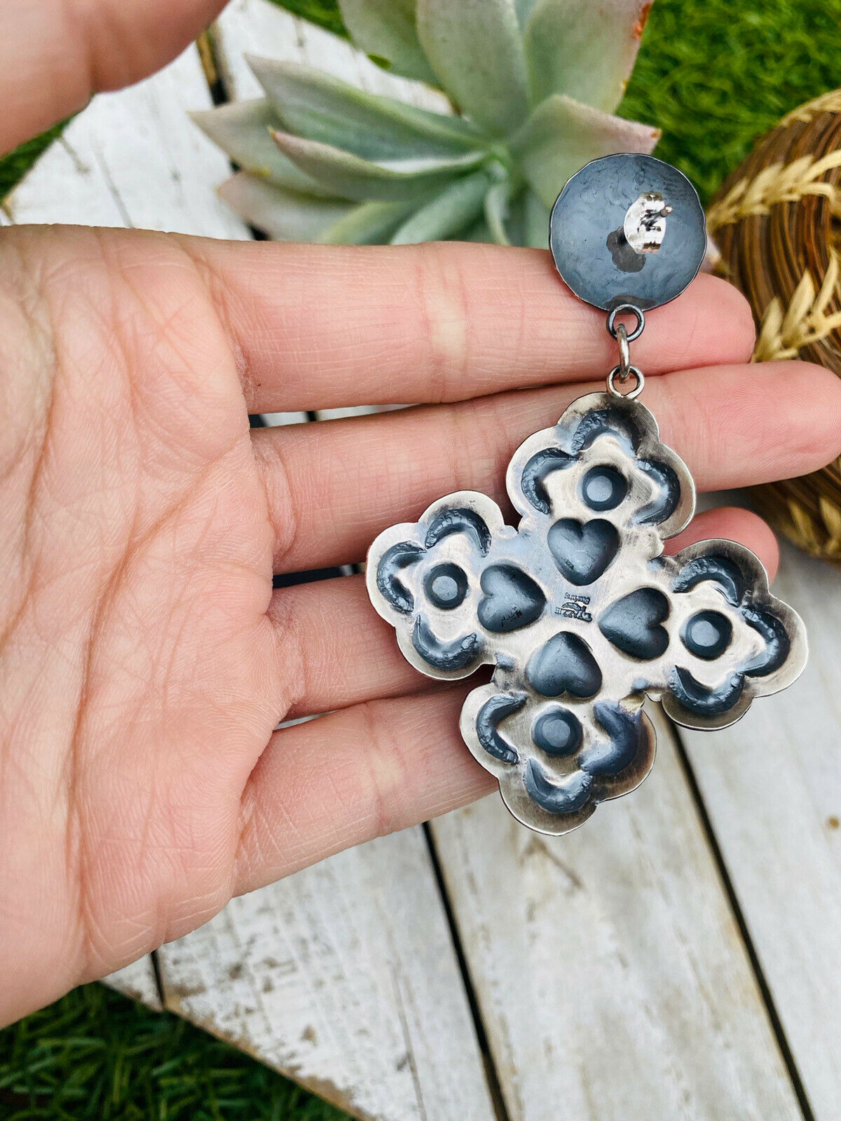 Handcrafted Turquoise & Sterling Silver Concho Cross Dangle Earrings By Tim Yazzie