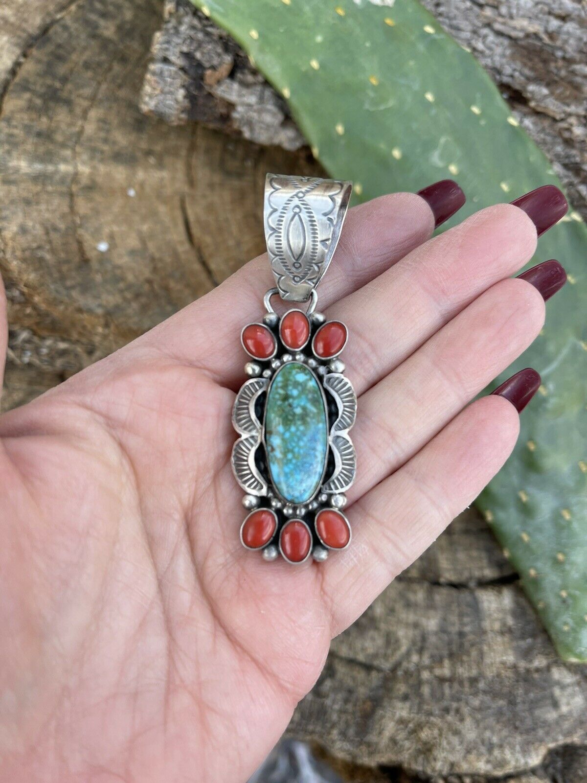 Handcrafted Sterling Kingman Web Turquoise & Red Coral Pendant Taos Collection