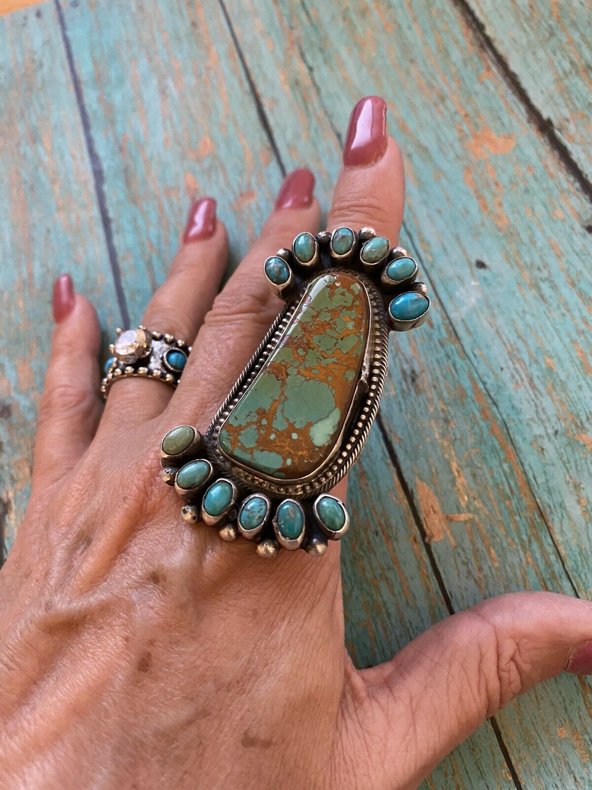 Handcrafted Sterling Royston And Carico Lake Turquoise Cluster Ring Size 7