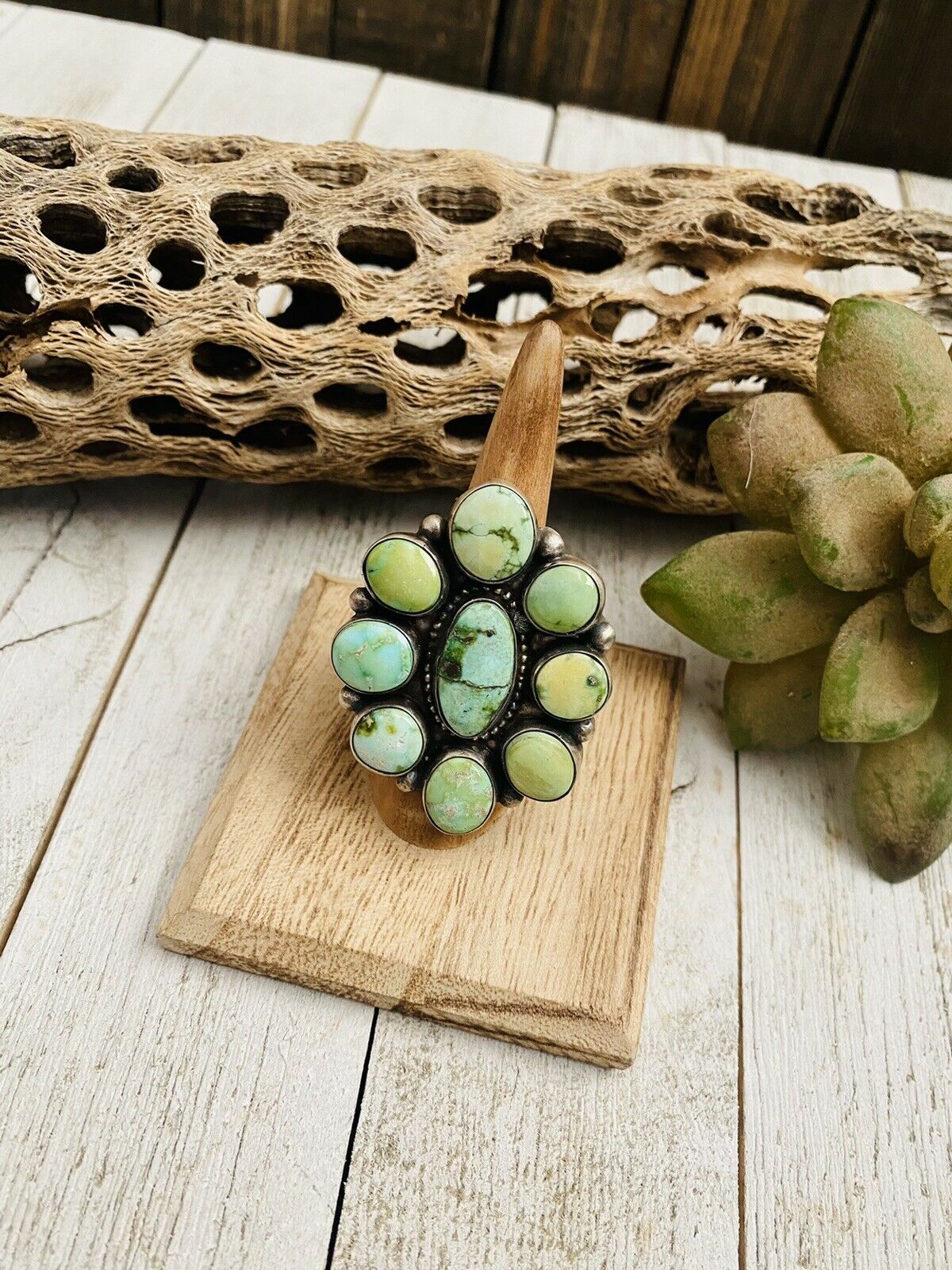 Handcrafted Sonoran Gold Turquoise & Sterling Silver Cluster Ring Size 7 Signed