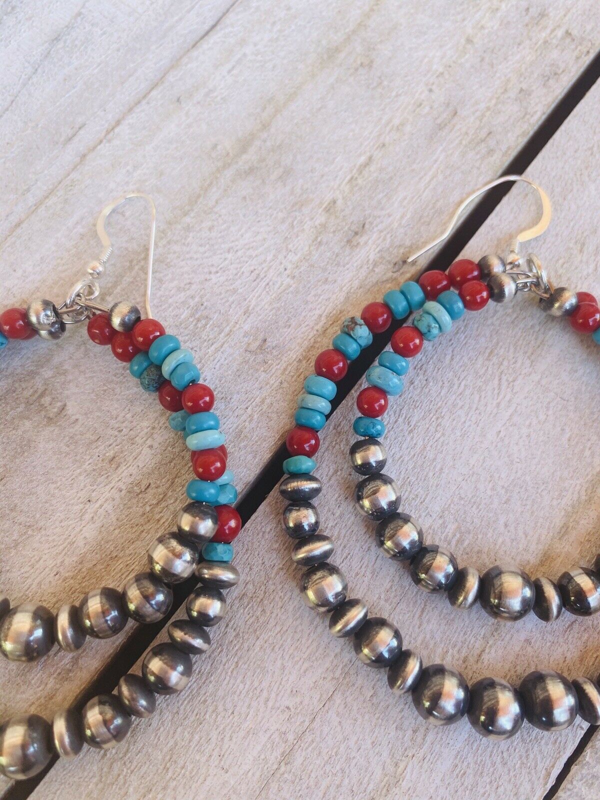 Handcrafted Turquoise, Coral & Sterling Silver Pearl Dangle Hoop Earrings