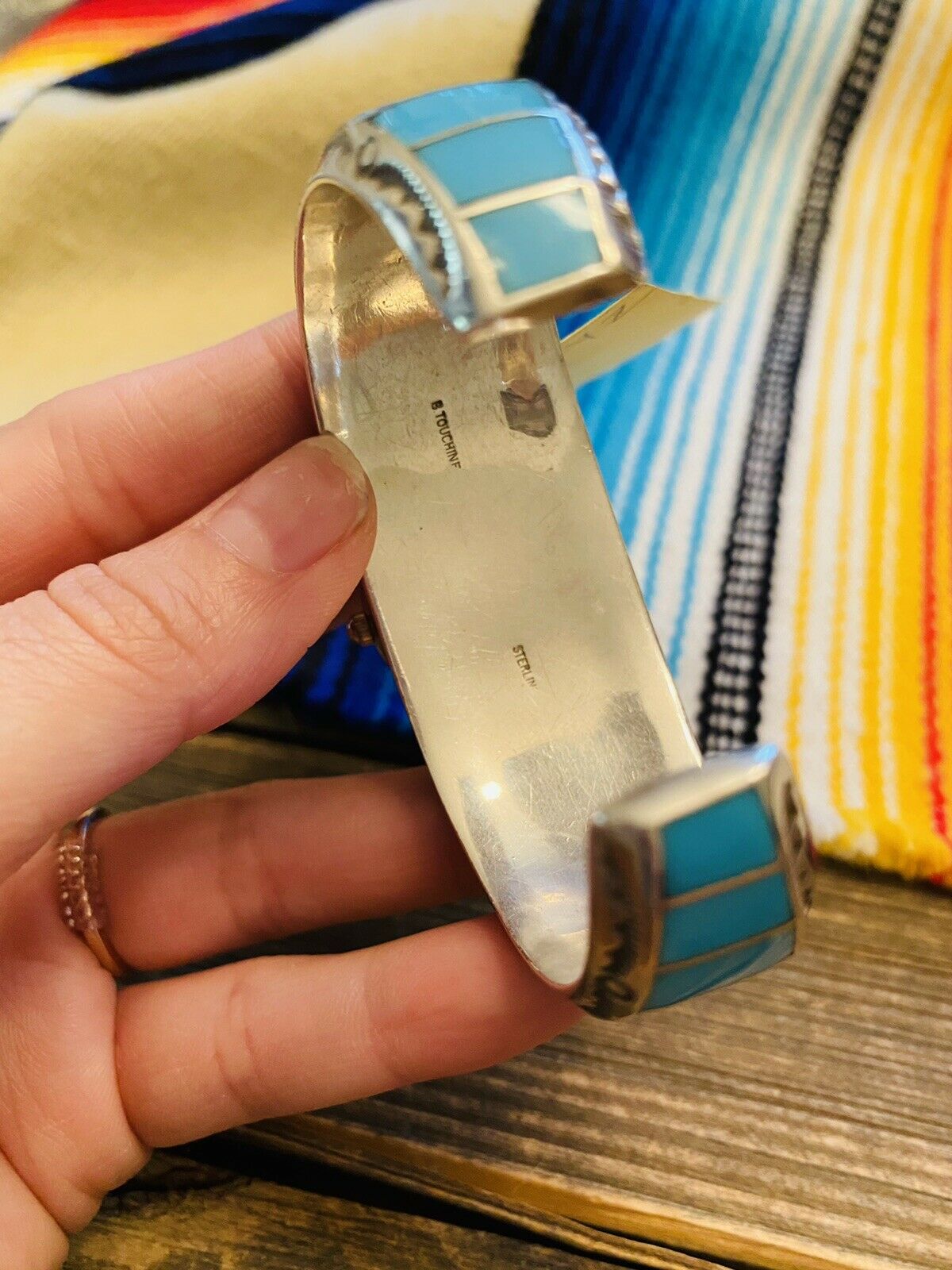 Handcrafted Vintage Turquoise & Sterling Silver Inlay Watch Cuff Signed