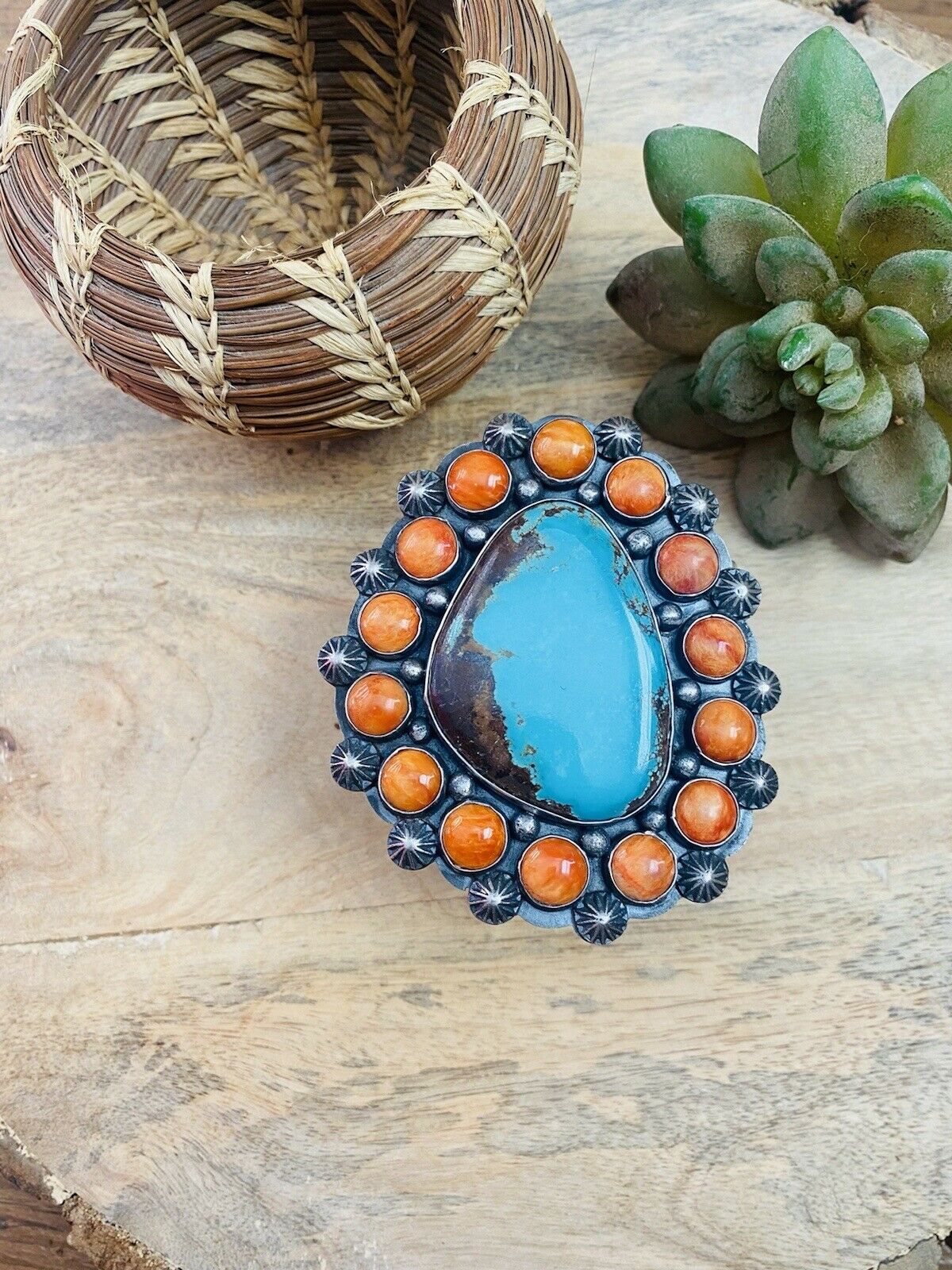 Handcrafted Orange Spiny, Turquoise & Sterling Silver Cuff Bracelet Signed /