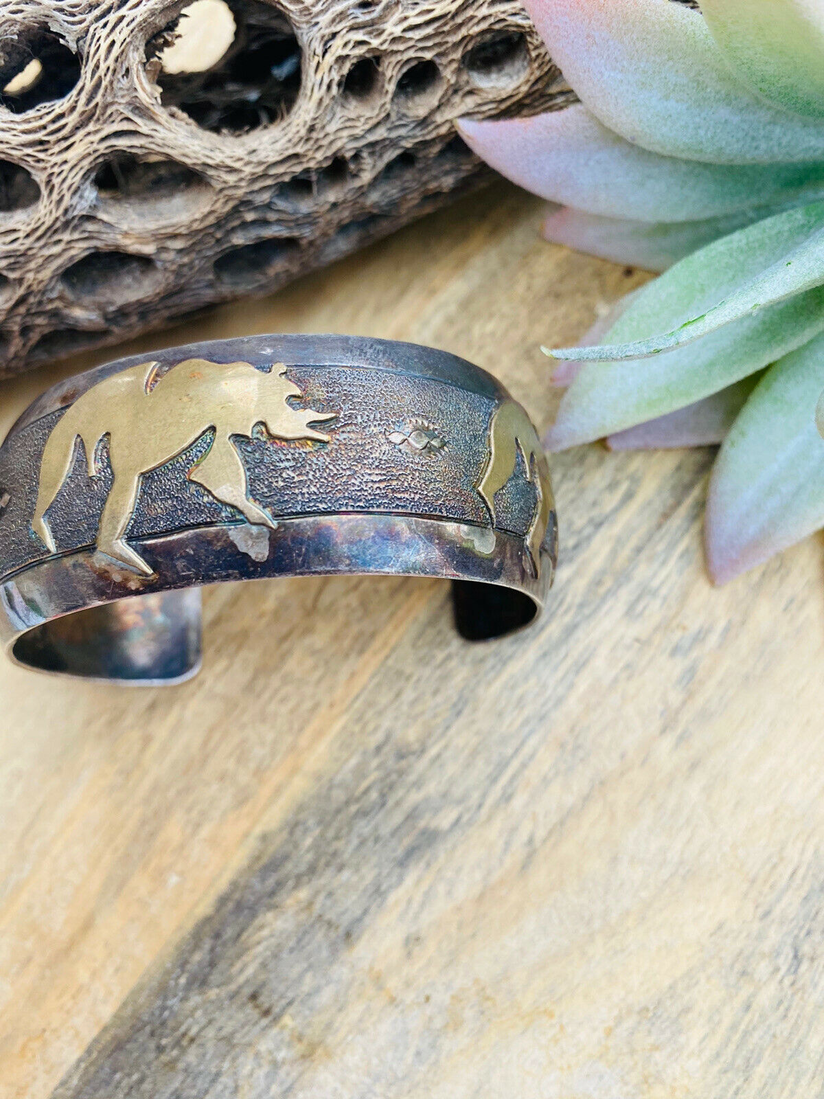 Handcrafted Vintage Sterling Silver & Copper Bear Cuff Bracelet Signed