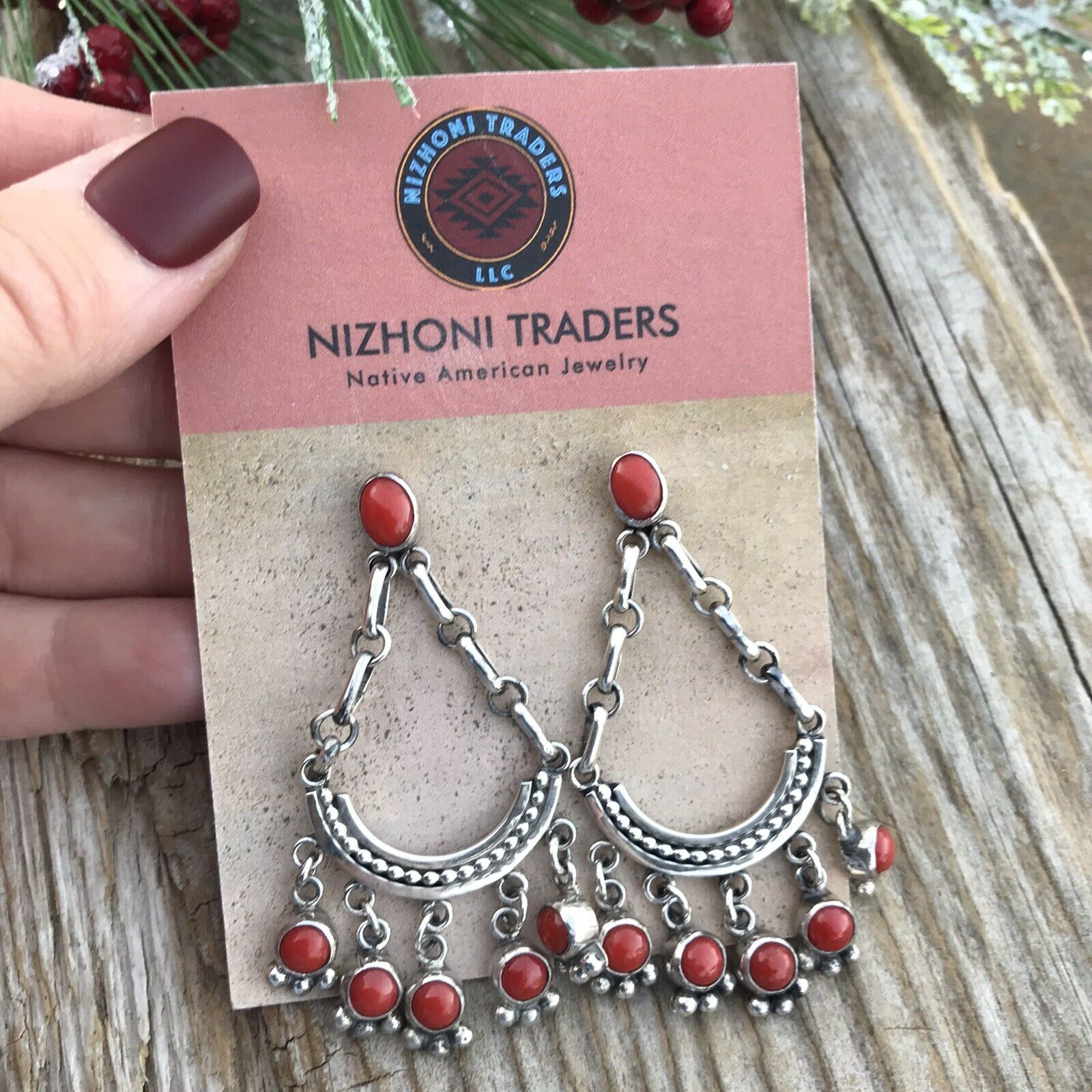 Handcrafted Natural Red Coral Sterling Silver Chandelier Style Dangle Earrings