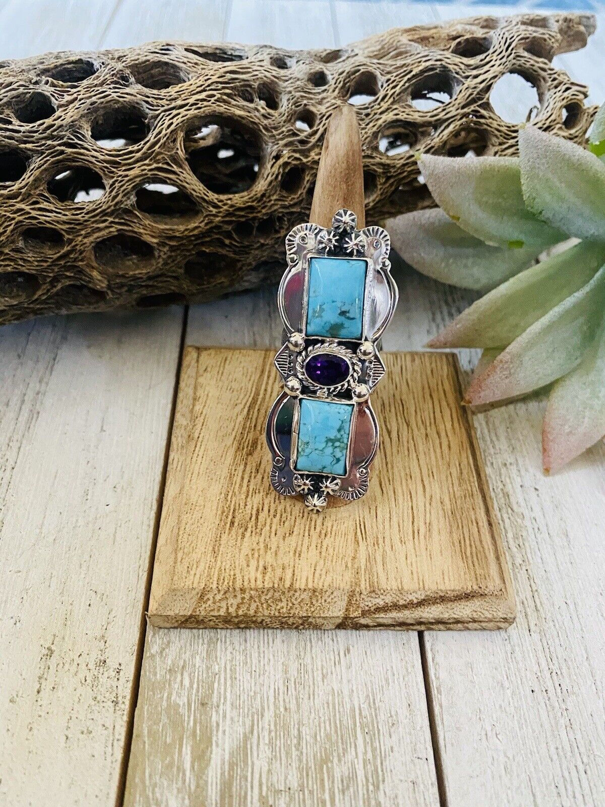 Handcrafted Kingman Turquoise, Amethyst & Sterling Silver Ring