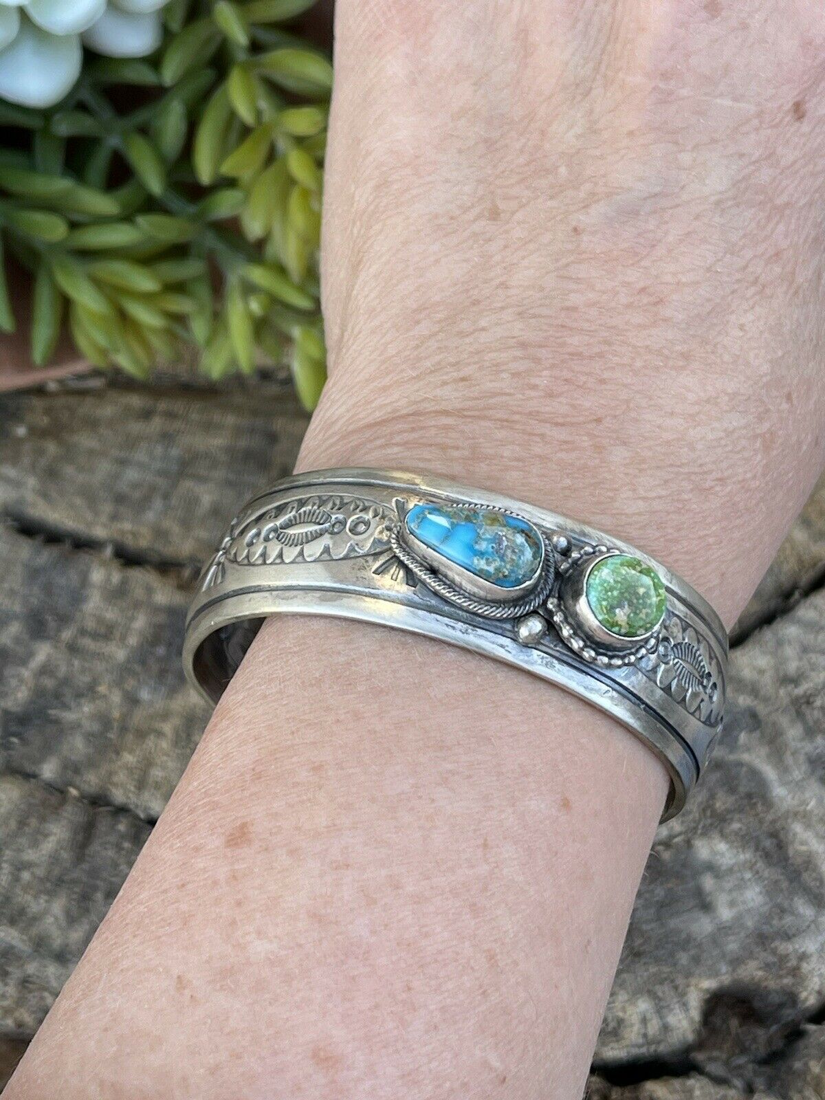 Handcrafted Sterling Silver Sonoran Gold & Golden Hills Turquoise 2 Stone Cuff Bracelet /