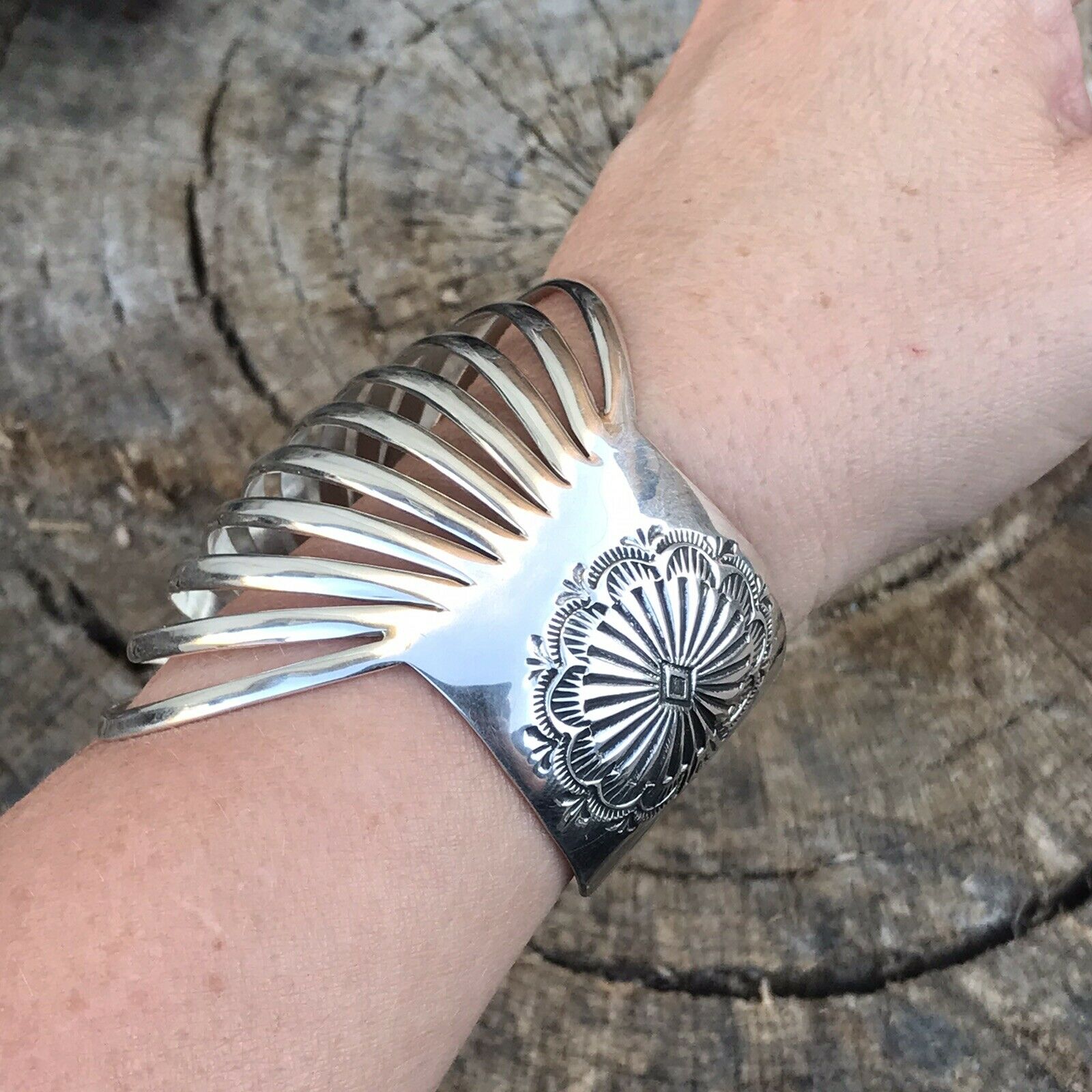 Handcrafted Sterling Silver Hand Stamped Bracelet Cuff Signed GS