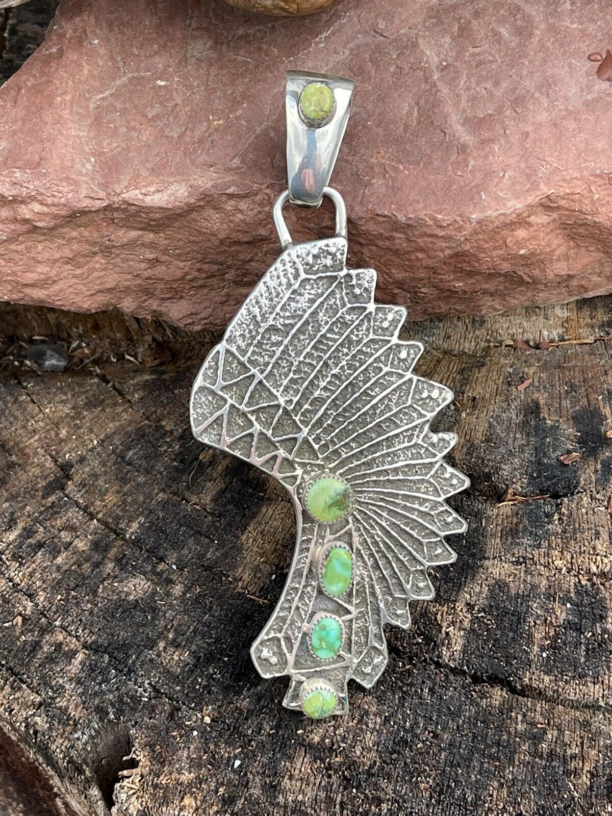 Handcrafted Sterling Silver Sonoran Gold Turquoise 4 Stone Indian Chief Pendant