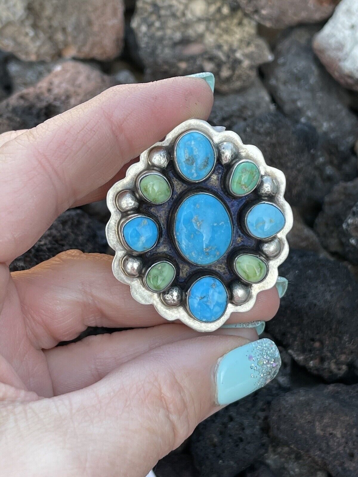 Navajo Sterling Sonoran Gold And Golden Hills Turquoise Cluster Ring Size 8.5