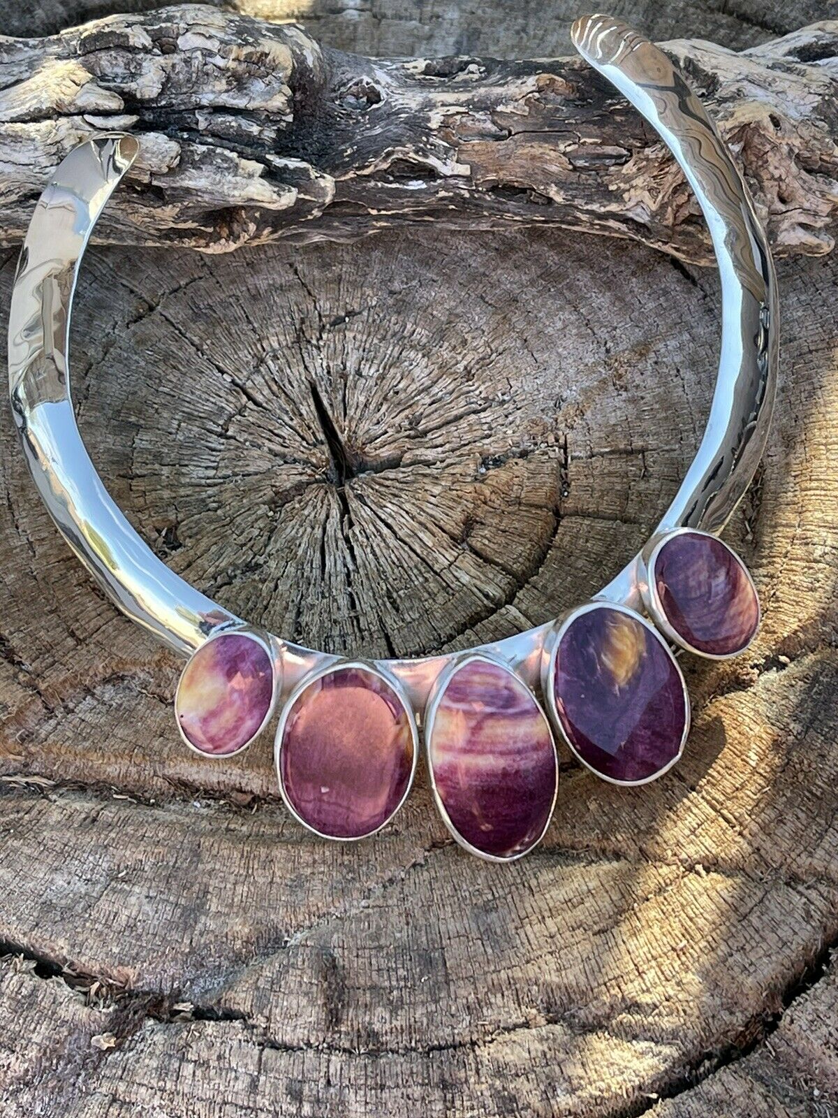 Handcrafted Sterling Silver & Spiny 5 Stone Choker Necklace Signed