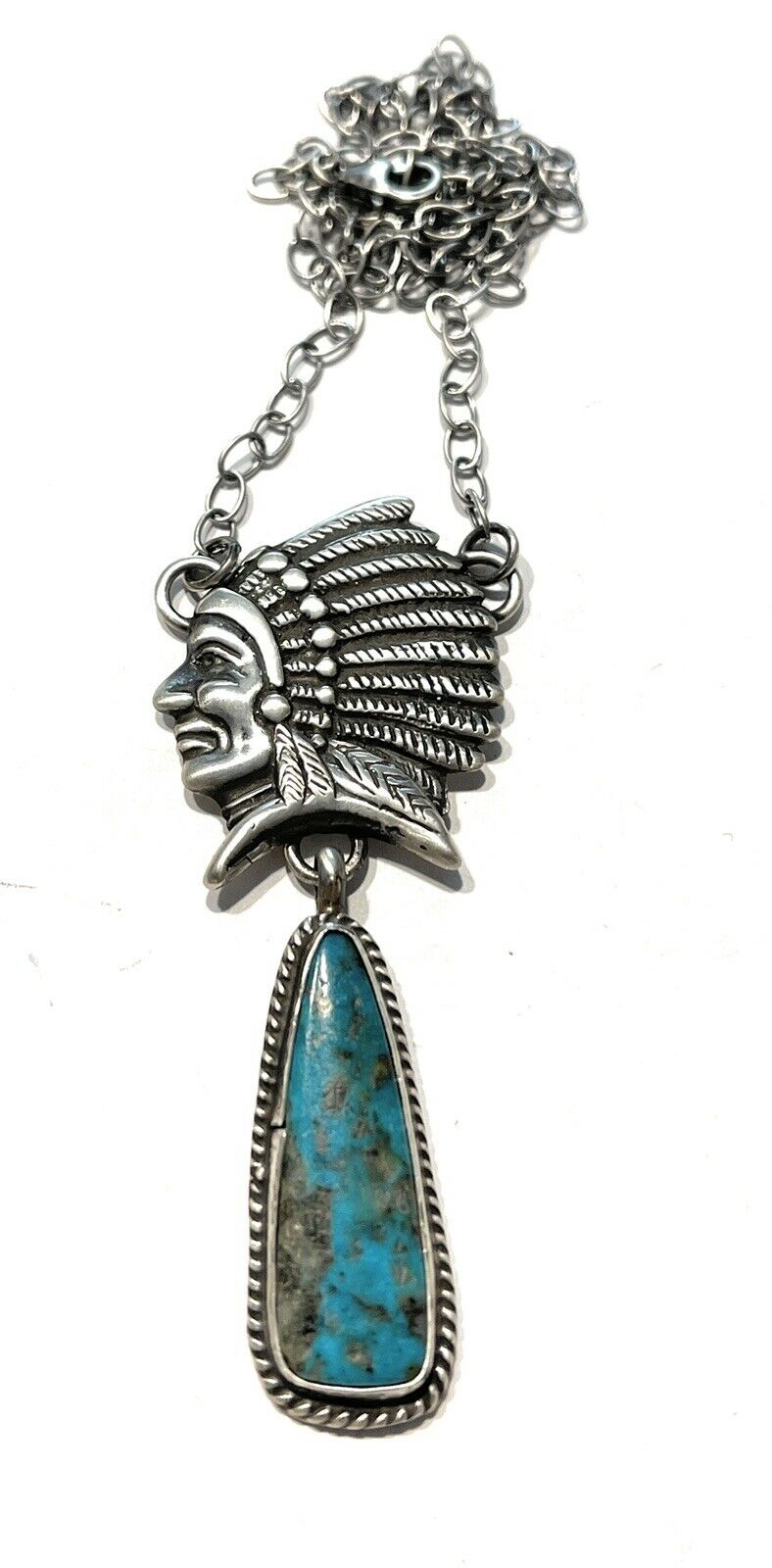 Handcrafted Sterling Silver Indian Chief Royston Turquoise Drop Necklace