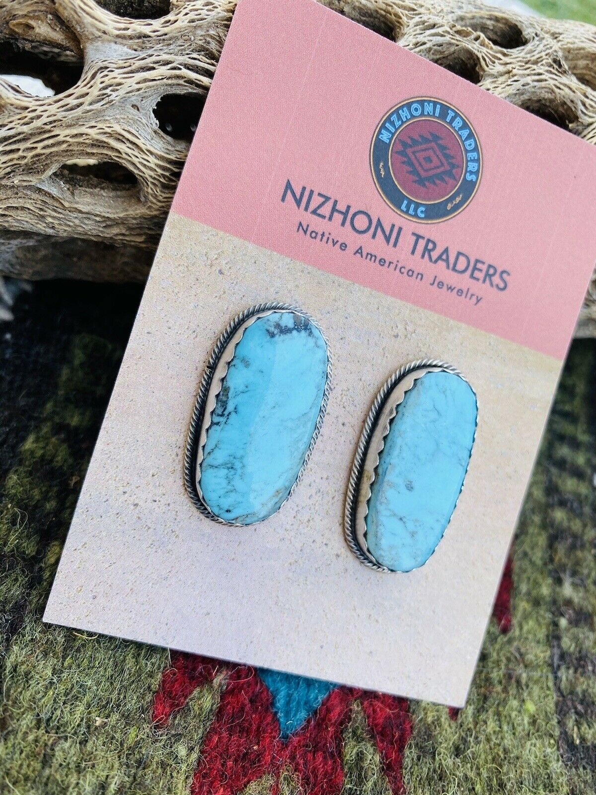 Handcrafted Turquoise & Sterling Silver Post Earrings Signed