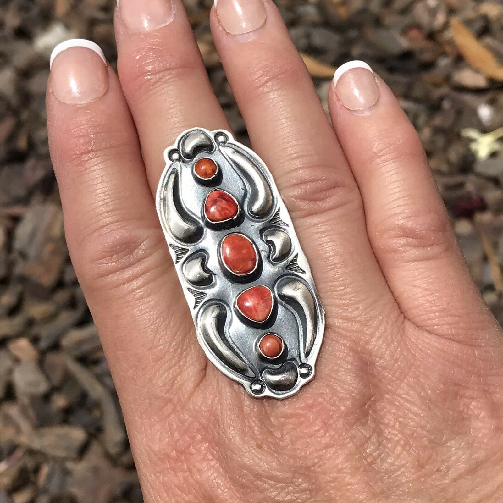 Handcrafted Sterling Silver Orange Spiny Oyster 5 Stone Ring