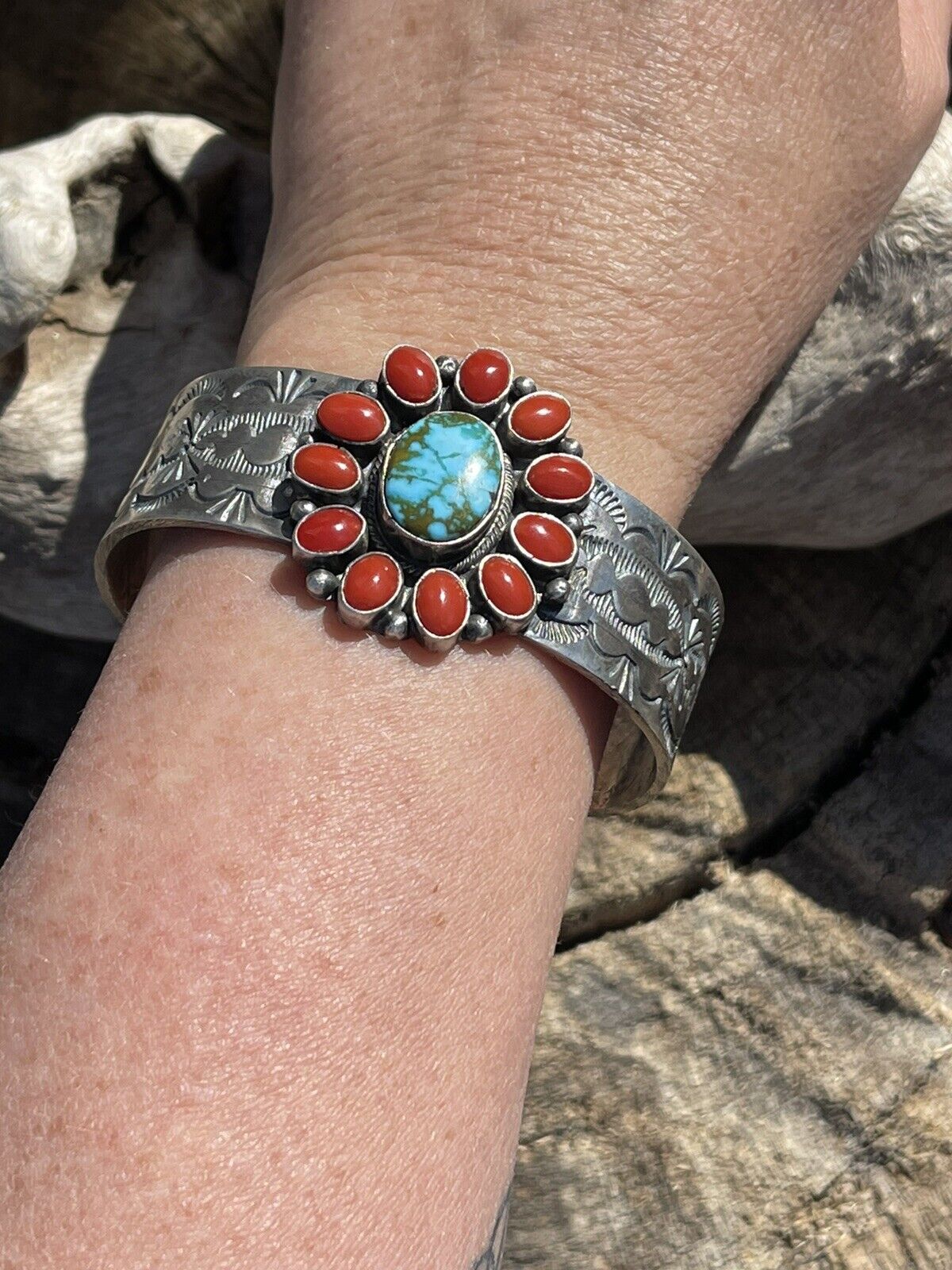Navajo Sterling Kingman Web Turquoise & Red Coral Taos Bracelet Cuff by Bobby Johnson /