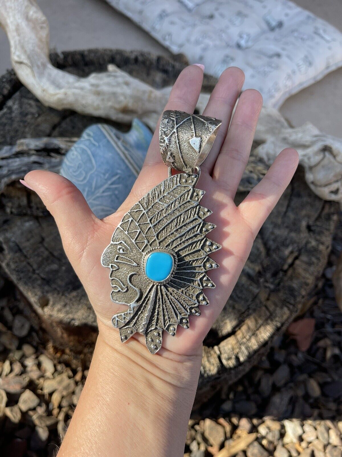 Handcrafted Sterling Silver & Kingman Turquoise Indian Chief Sand Cast Pendant Sign