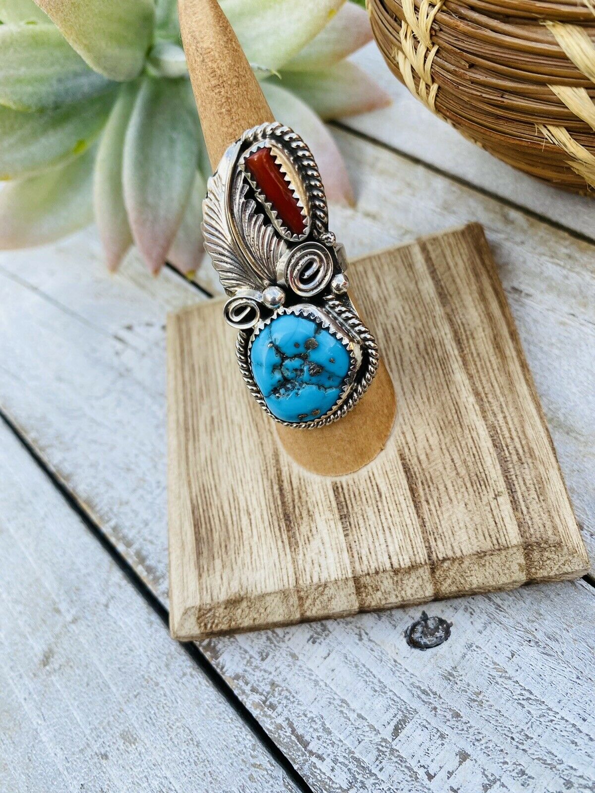 Handcrafted Turquoise, Coral & Sterling Silver Ring Size 5