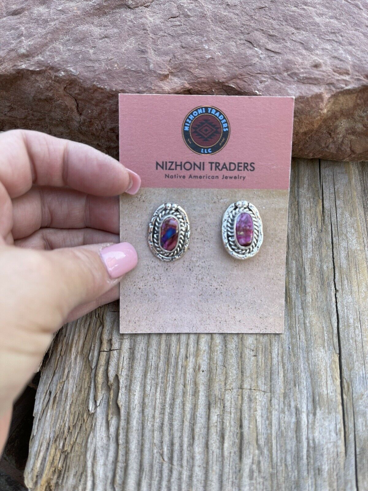 Handcrafted Pink Dream Mojave & Sterling Silver oval Stud Earrings