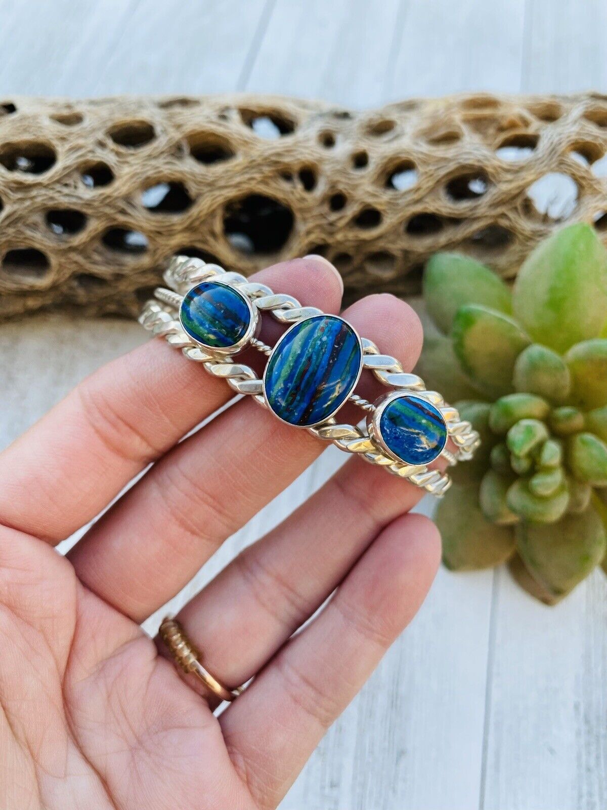 Unique Handcrafted Sterling Silver & Rainbow 3 stone Cuff Bracelet