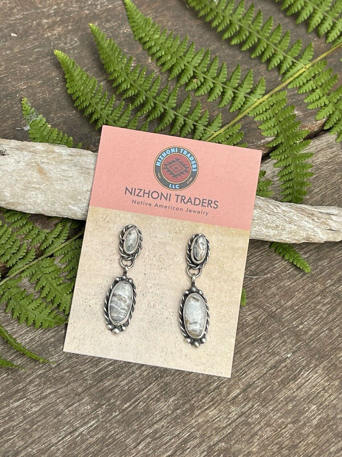 Handcrafted Sterling Silver & White Buffalo 2 Stone Rope Dangle Earrings