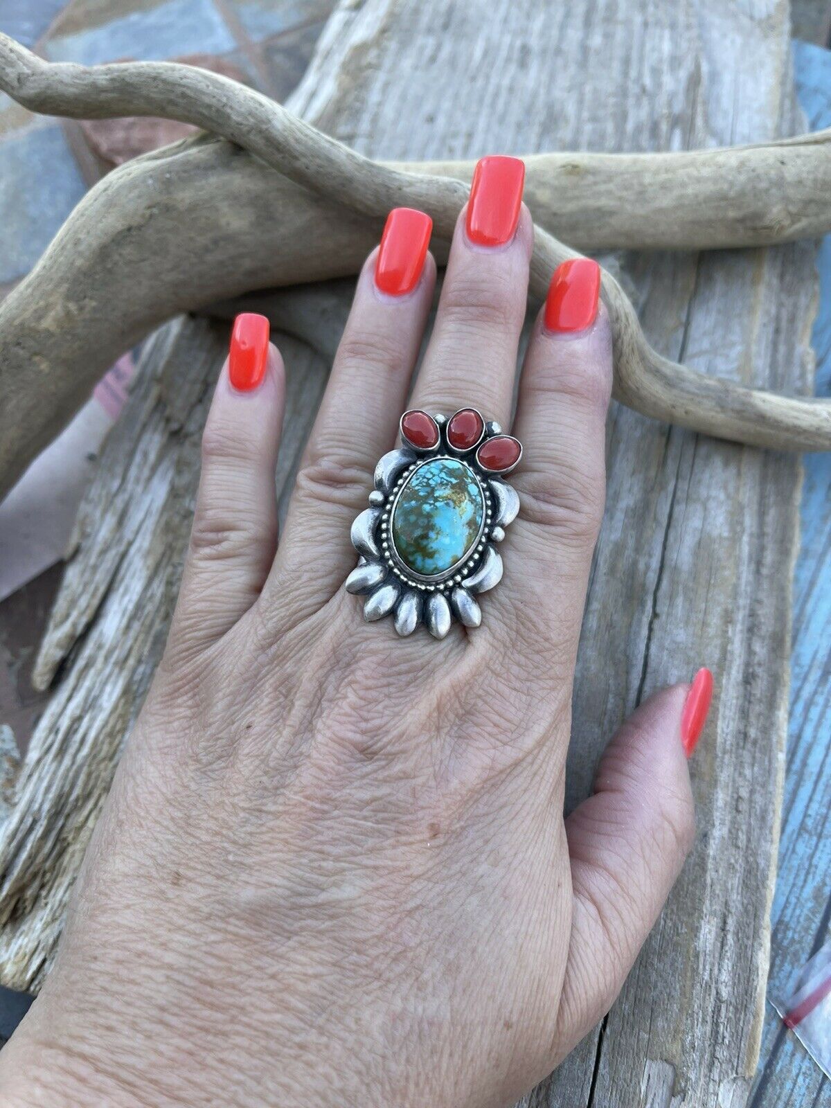 Navajo Sterling Kingman Web Turquoise & Red Coral Taos Collection Ring by Danny Clark, Sz 6.5