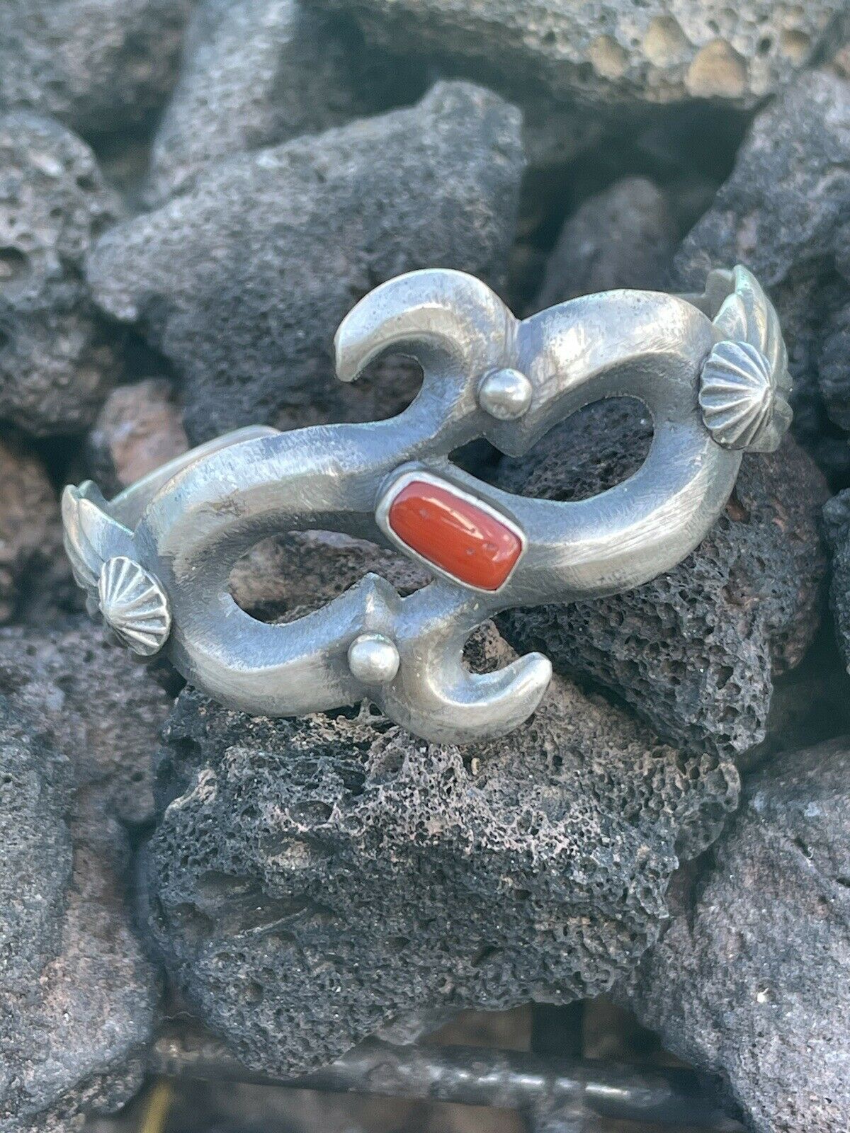 Natural Red Coral Sterling Silver Cuff By Artist Chimney Butte /