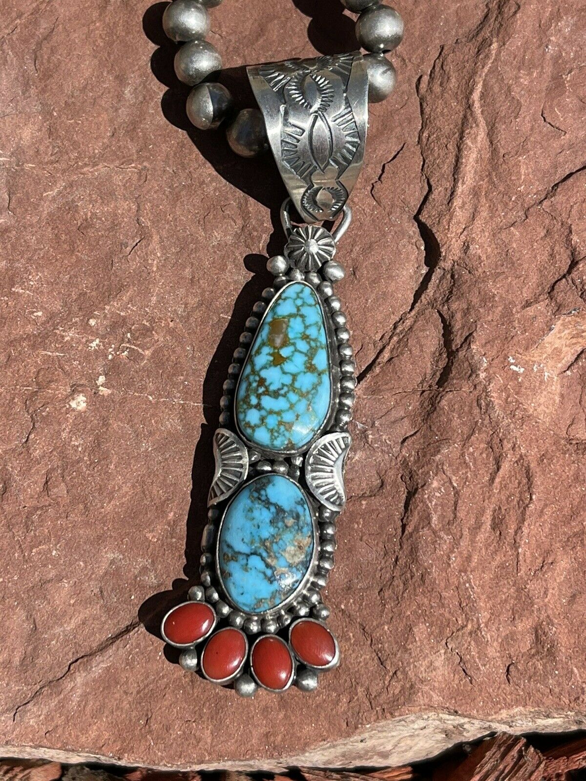 Handcrafted Sterling Kingman Web Turquoise & Red Coral Taos Pendant Danny Clark