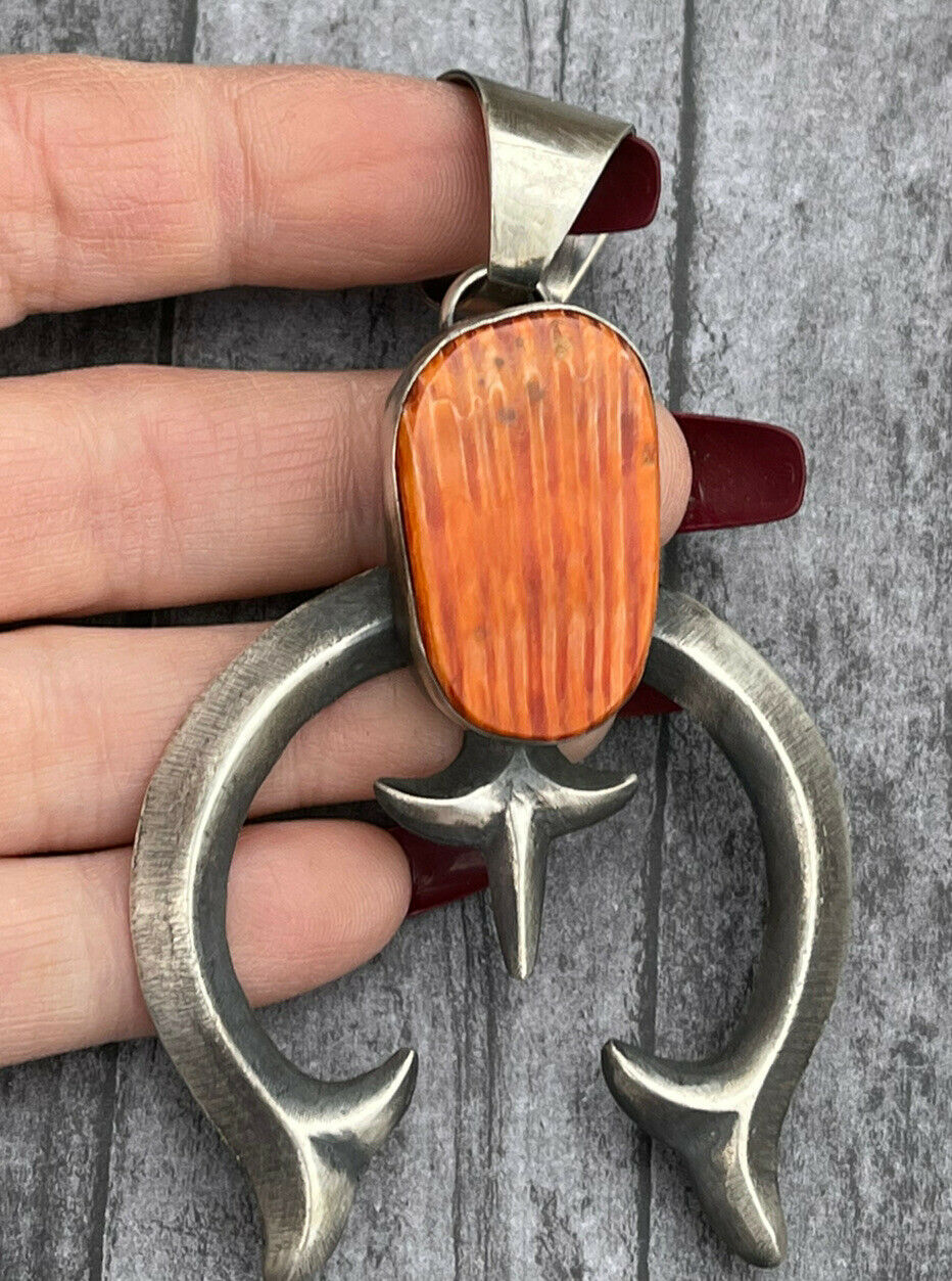 Handcrafted Chimney Butte Orange Spiny & Sterling Silver Naja Pendant Signed