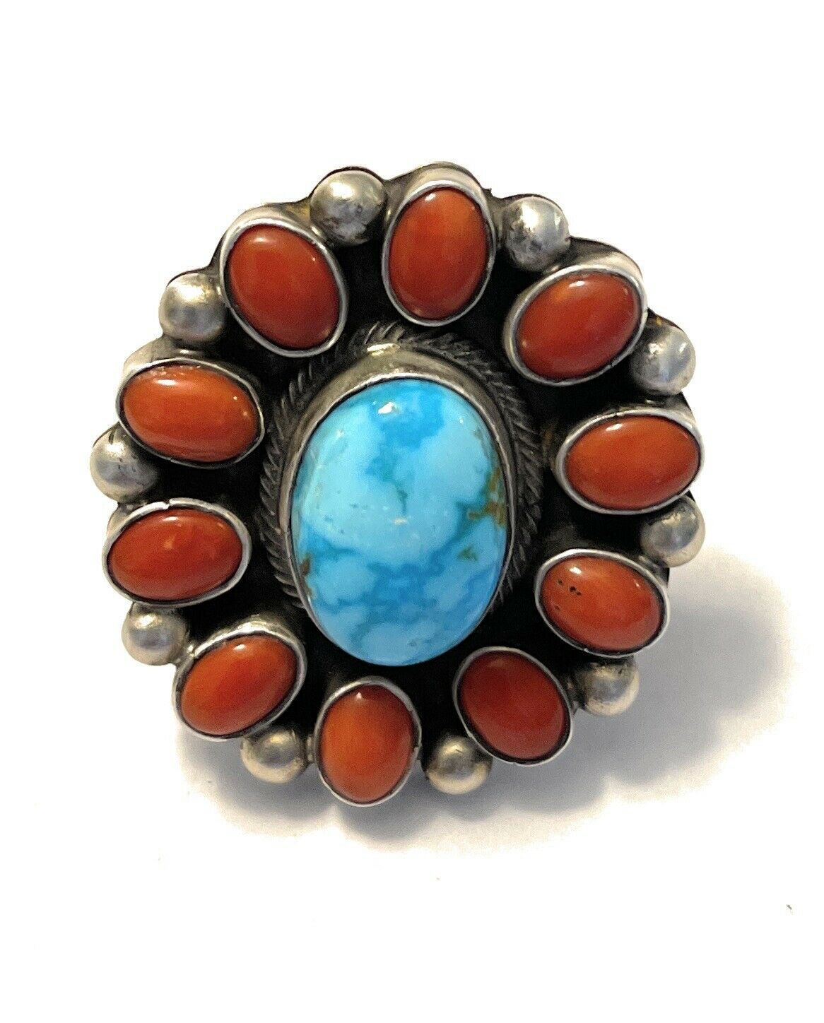 Handcrafted Sterling Silver Kingman Web Turquoise & Red Coral Taos Ring Sz 5.5