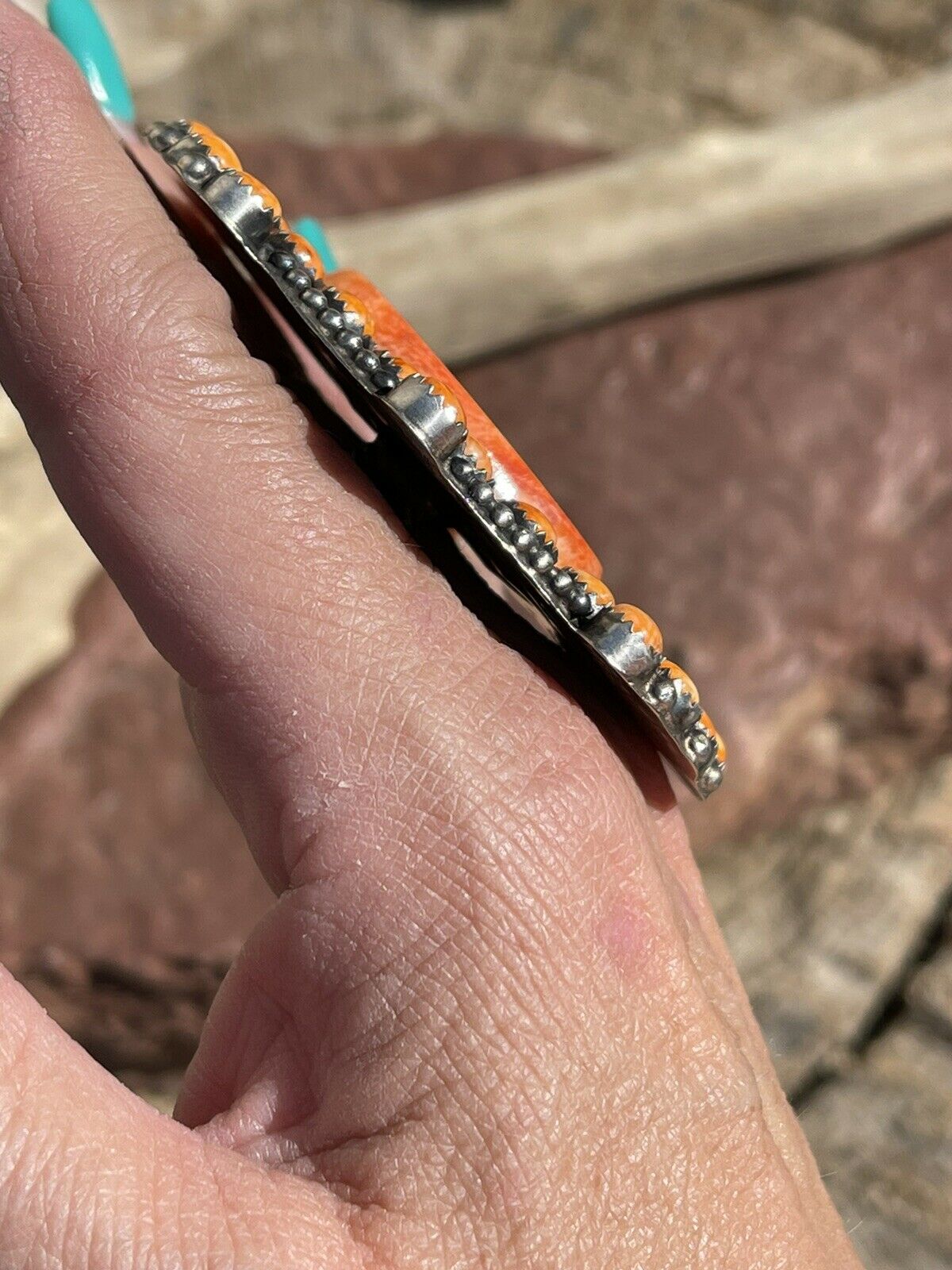 Handcrafted Sterling Silver Orange Spiny Cluster Jumbo Ring Sz 9