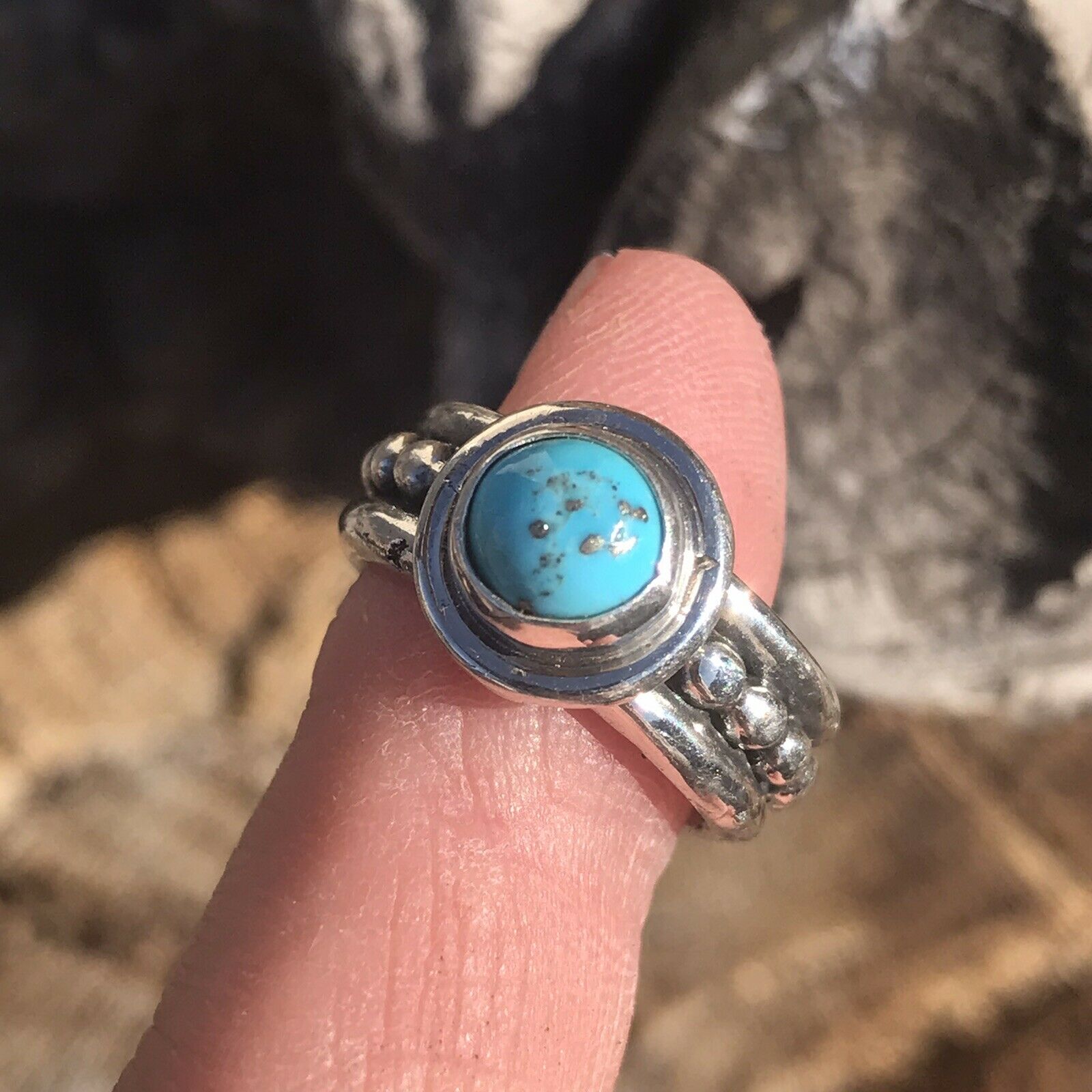 Handcrafted Kingman Turquoise & Sterling Silver Dotted Band Ring