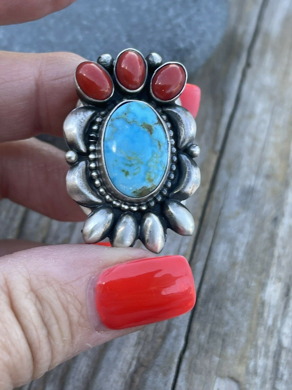 Navajo Sterling Kingman Web Turquoise & Red Coral Taos Collection Ring by Danny Clark, Sz 7.5