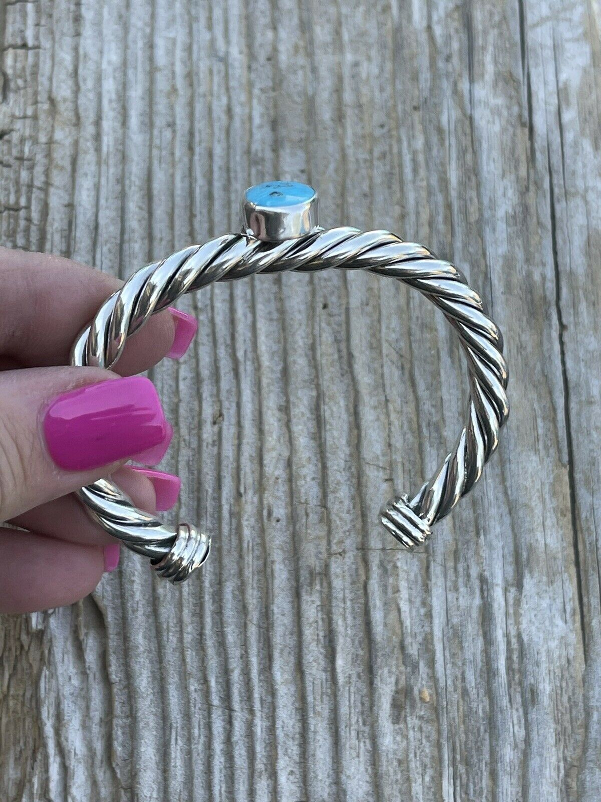 Handcrafted Sterling Silver Rope Twist Natural Turquoise Cuff Bracelet
