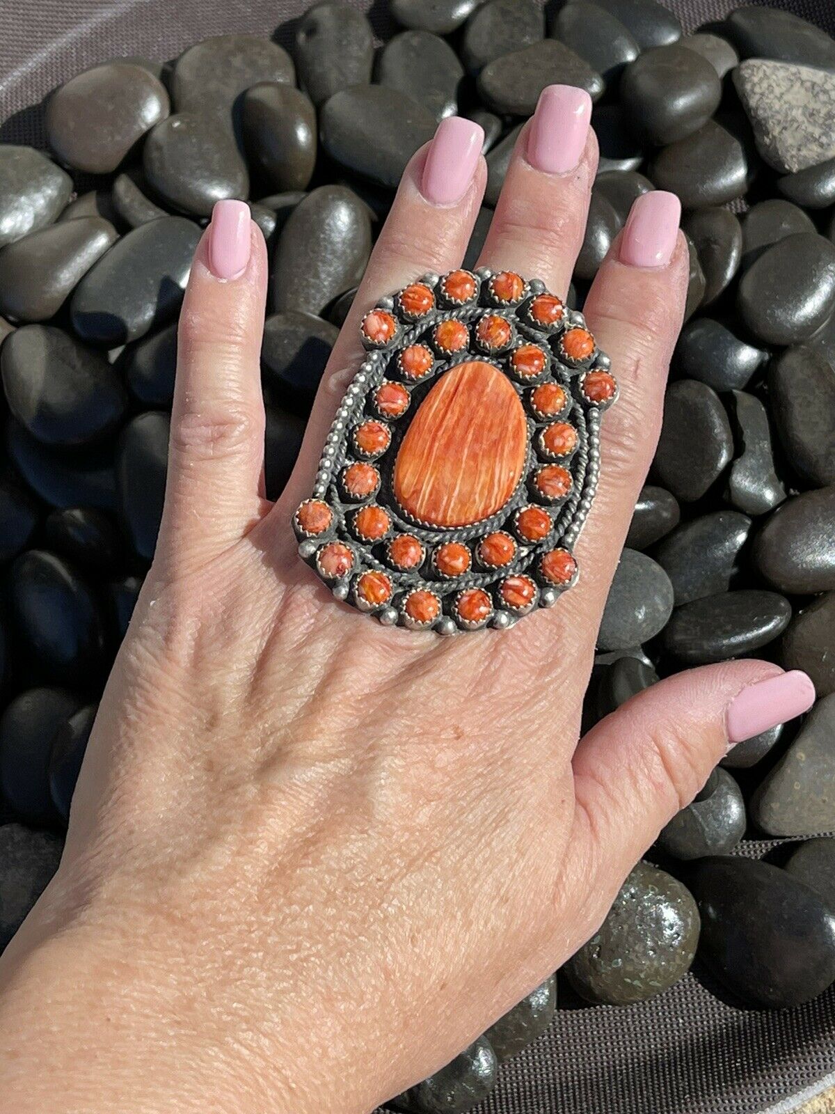 Handcrafted Sterling Silver Orange Spiny Cluster Jumbo Ring Sz 7.5
