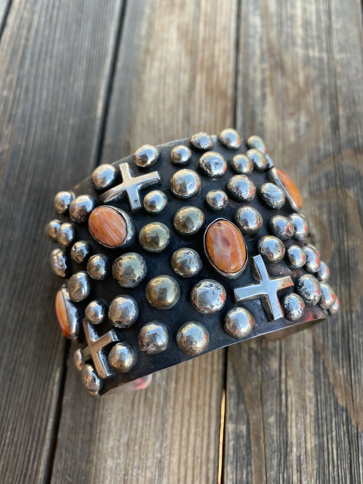 Handcrafted Sterling Silver & Orange Spiny Cross Bracelet By Chimney Butte Signed